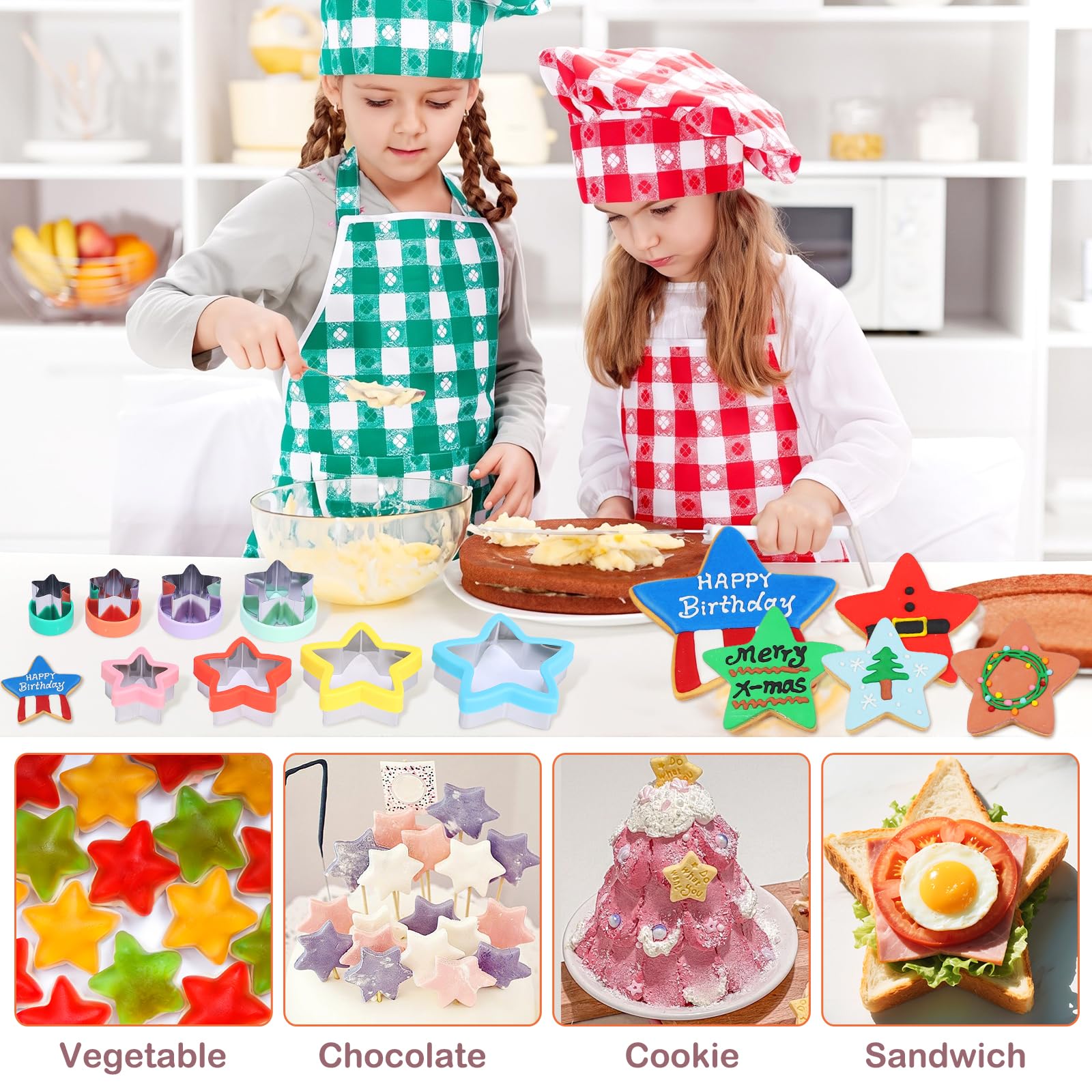 Juego de 8 cortadores de galletas de estrella con asas ergonómicas de plástico y caja de almacenamiento, herramienta de acero inoxidable resistente para galletas, galletas y recuerdos de fiesta, apto