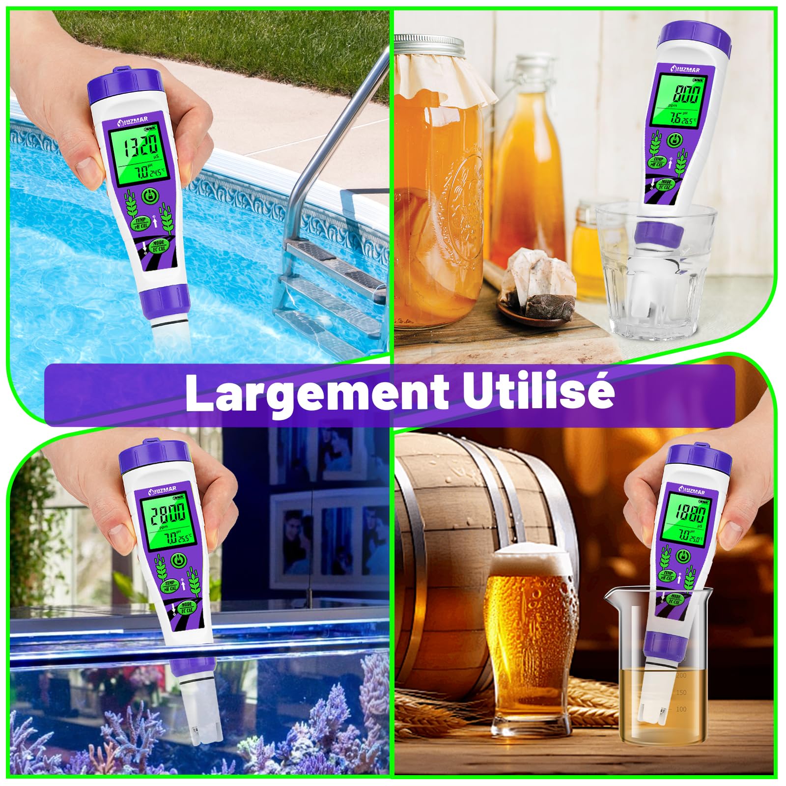 UIUZMAR pH EC Mètre pour L'eau Affichage Simultané pH TDS Temp Testeur | Appareil Numérique 4 en 1 pour Mesurer le pH/TDS/EC/Température de L'eau pour Hydroponique Piscine, Aquarium