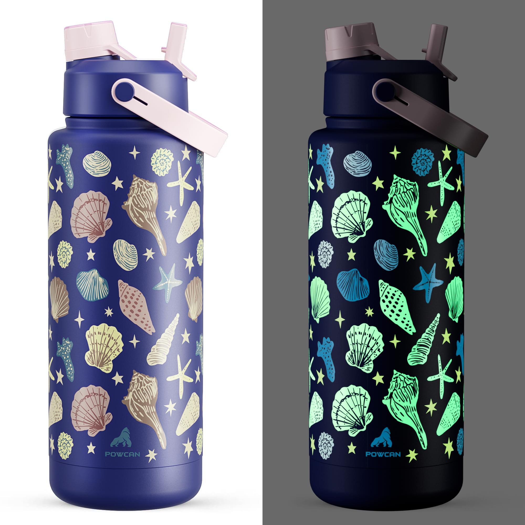 POWCAN 40 oz Insulated Water Bottle with 2-in-1 Straw and Spout Lid, Glow-in-the-Dark, 24H Cold, Leakproof, BPA-Free, Double Wall Stainless Steel for Sports, Gym, Travel, and School (Seashell Coast)