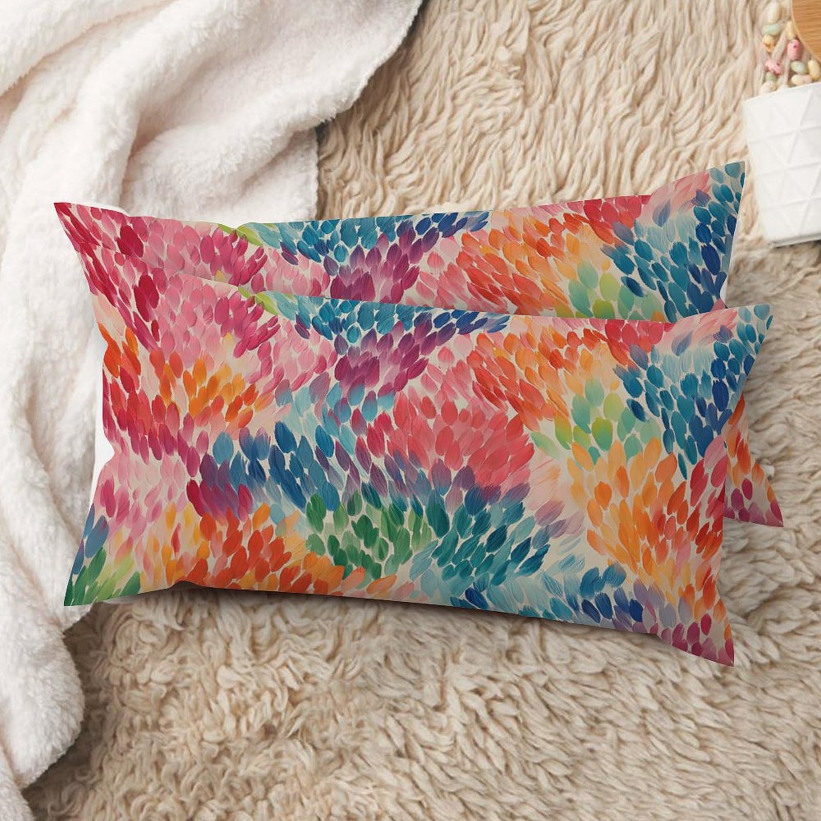Set of 2 Rainbow Color Pillow Cases 12x24in Cushion Covers Farmhouse Pillows Covers for Couch Living Room Office Soft Rectangle Accent Pillowcase for Kids