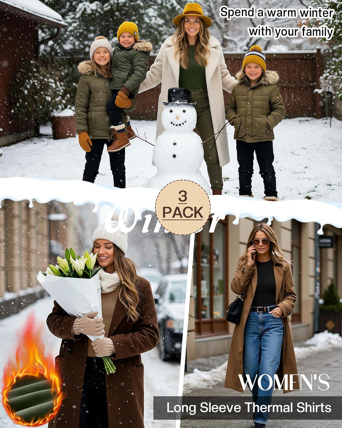 3 Pack Women's Long Sleeve Thermal Shirts, Fleece Lined Crew Neck Undershirts Soft Base Layer Fitted Tee Tops - Image 4