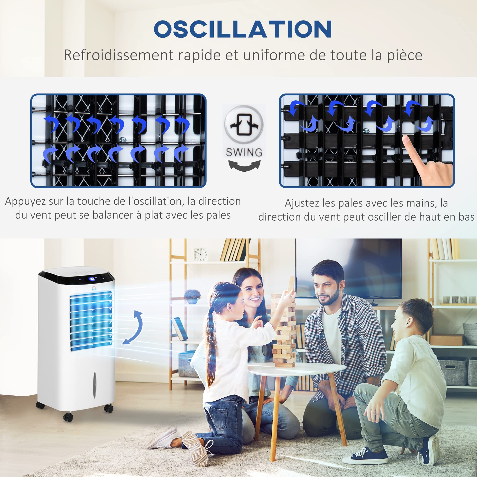 HOMCOM Refroidisseur d'air ventilateur humidificateur ioniseur 4 en 1 sur roulettes télécommande 3 modes 3 vitesses minuterie et oscillant réservoir 10L 2 blocs réfrigérants blanc noir