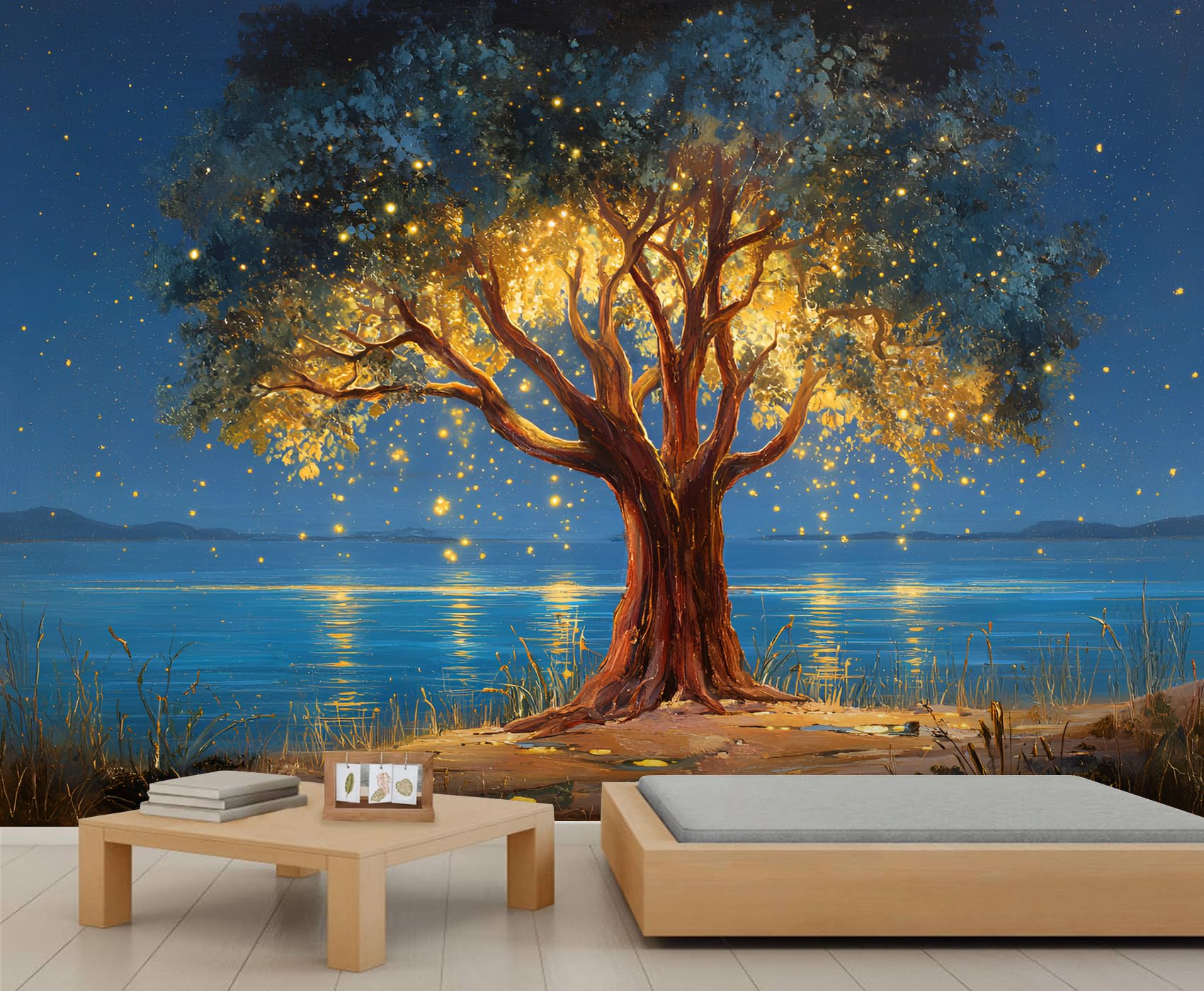 3D Night Landscape Wallpaper Fantasy Glowing Tree Wall Murals Reflective Water Wallpaper Starry Lights Mural Fantasy Landscape Mural for Bedroom Living Room 150 x 100 cm