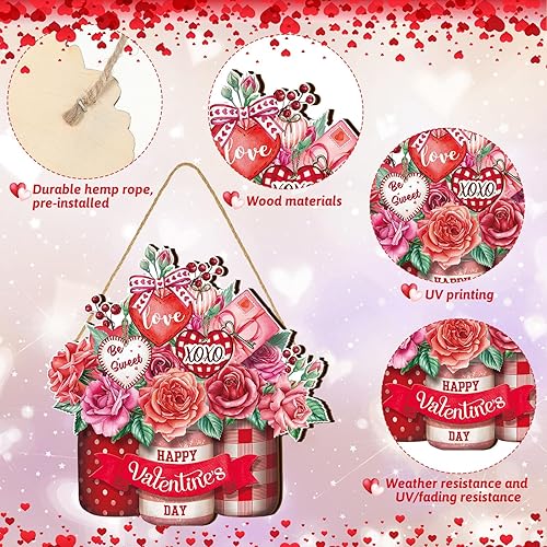 Miniatura 3 de BBTO Valentine's Day Wooden Hanging Welcome Sign Romantic Rose Door Decor Rustic Farmhouse Wreath Sign Door Decoration for Wedding Anniversary Home