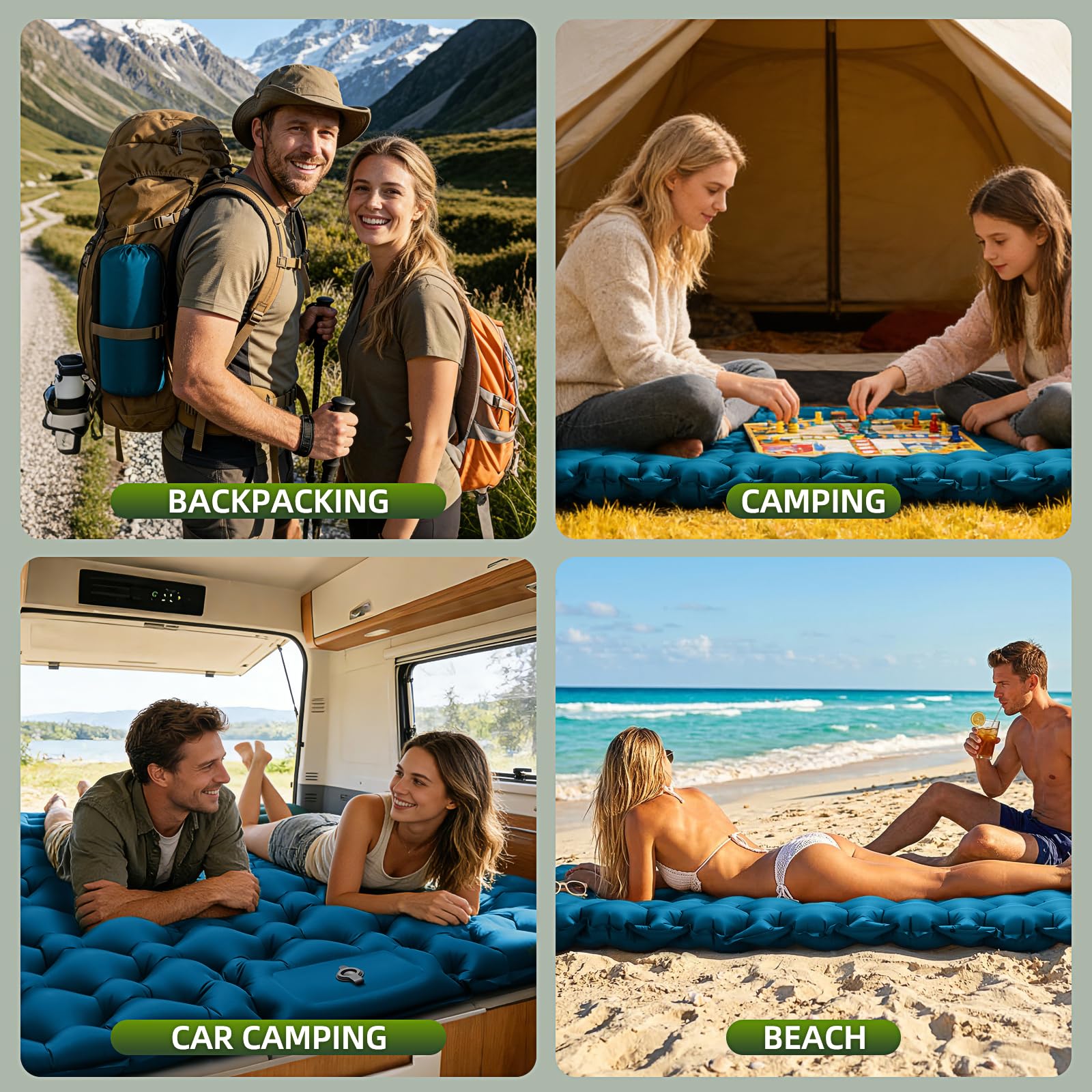 Matelas de Camping Autogonflant 2 Personnes 9.5cm 204x130cm avec Oreiller et Pompe à Pied Intégrée
