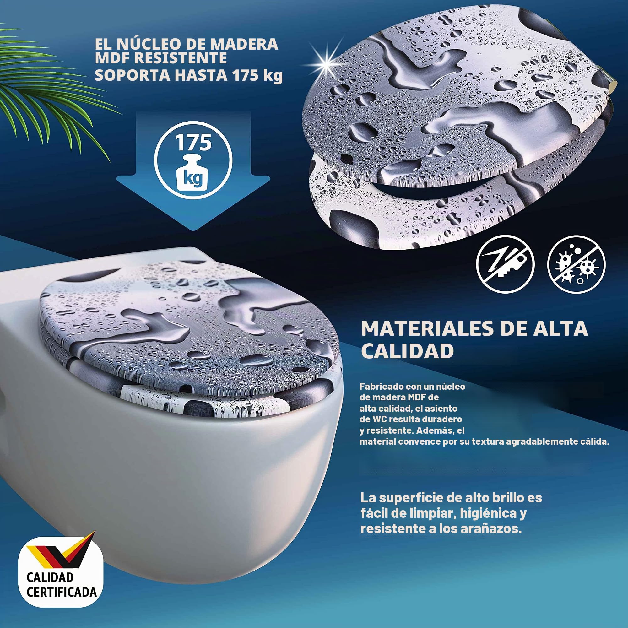 CASARIA® Asiento Inodoro, Tapa WC, Madera MDF, Tapas WC Universal Water, Tapadera Cierre Suave Doble Automático, 175Kg, Antibacteriano, Accesorios Baño, Gotas