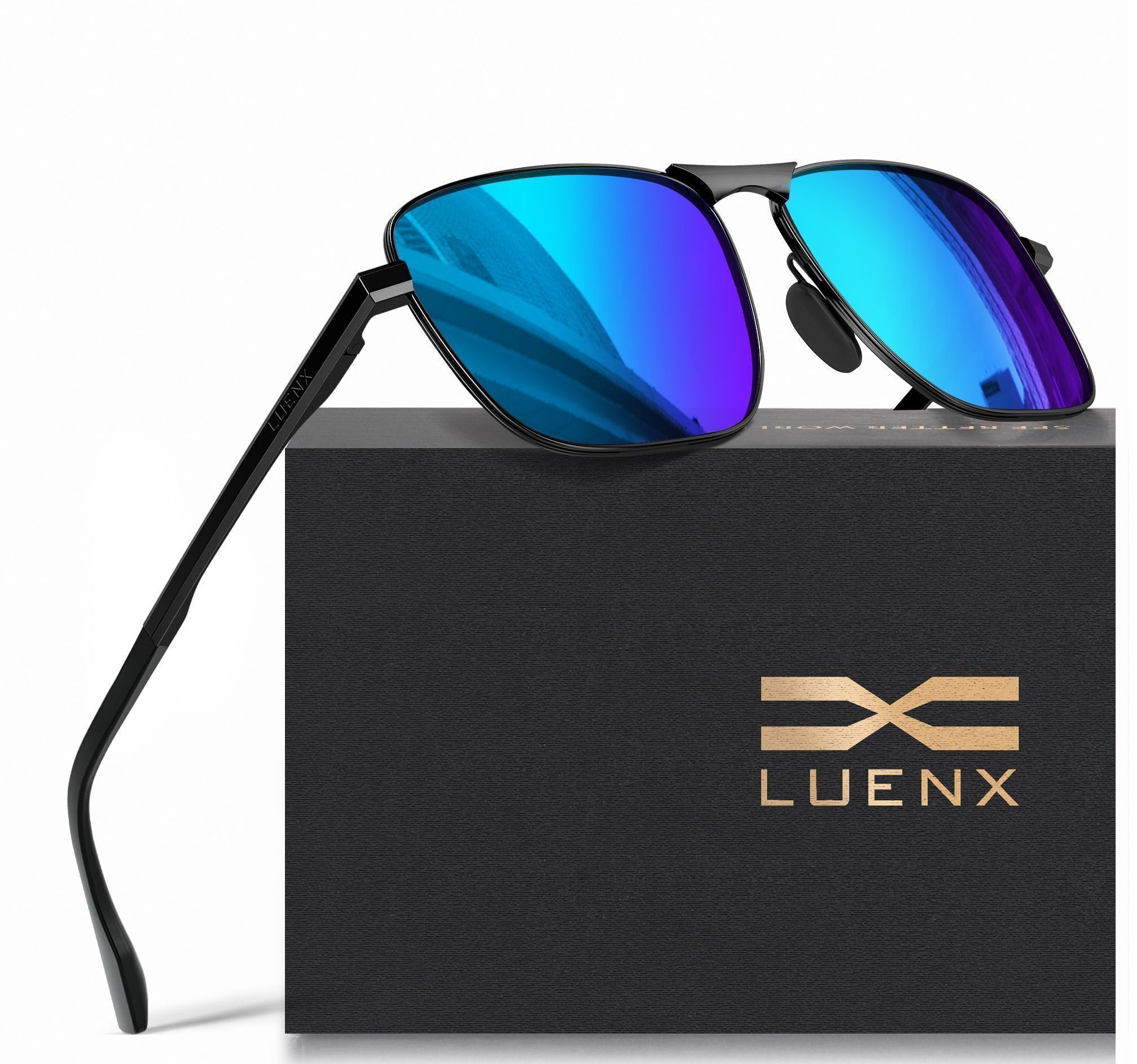 LUENX Rectangular Polarized Aviator Sunglasses for Men Retro Pilot Shades Driving UV400 Protection, Dark Blue/Black Frame, 59MM