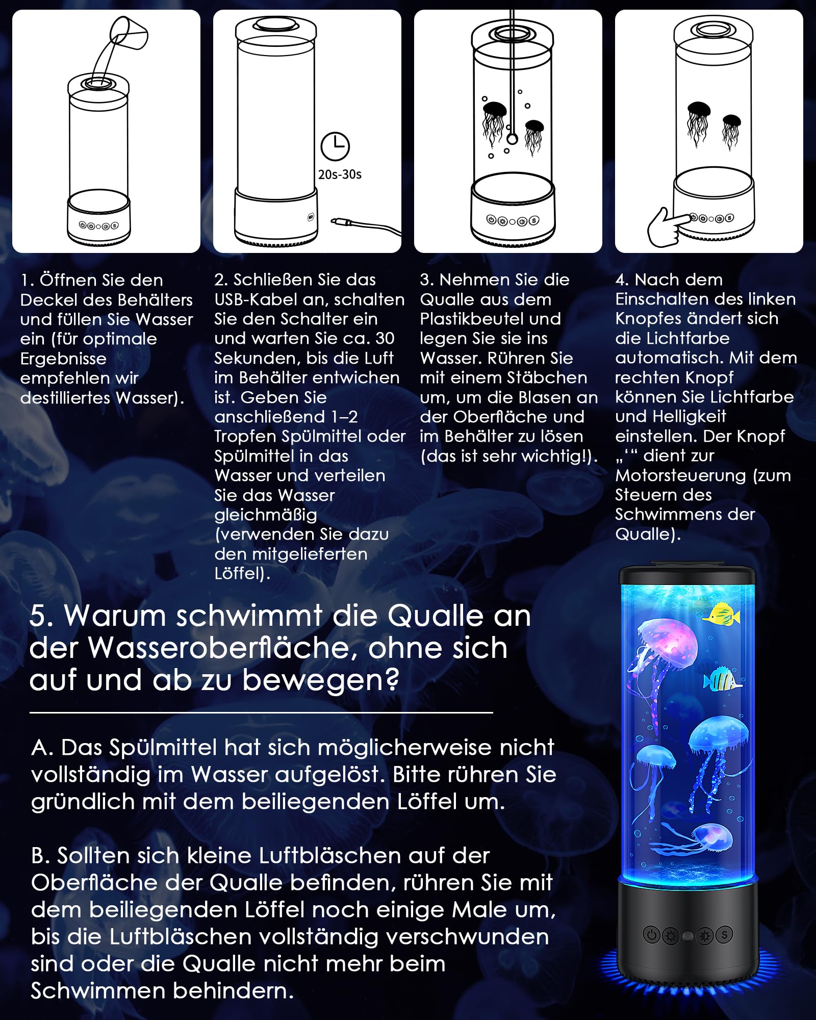 Quallen lampe mit 17 Farben und Fernbedienung, Jellyfish Lamp mit 4 Lichtmodi, LED Quallen Aquarium Lampe für Kinder Erwachsene