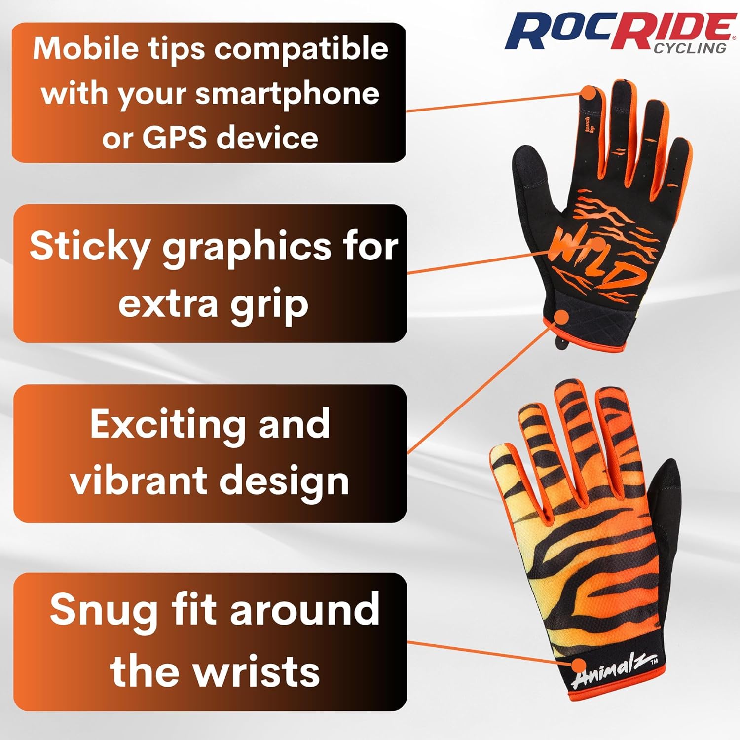 RocRide Animalz Full Finger Womens Cycling Gloves with Screen Compatible Tips. Mountain Biking, Road and BMX. Expressive Animal Print Designs. - Image 3