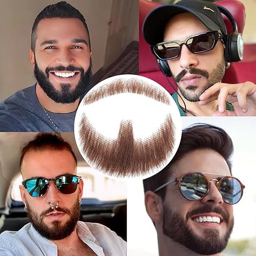 Miniatura 4 de colorvay Fake Beard Human Hair Full Hand Tied Realistic Fake Mustache Brown Human Hair Jack Sparrow Fake Goatee Costume Beard Fake Facial Hair Lace