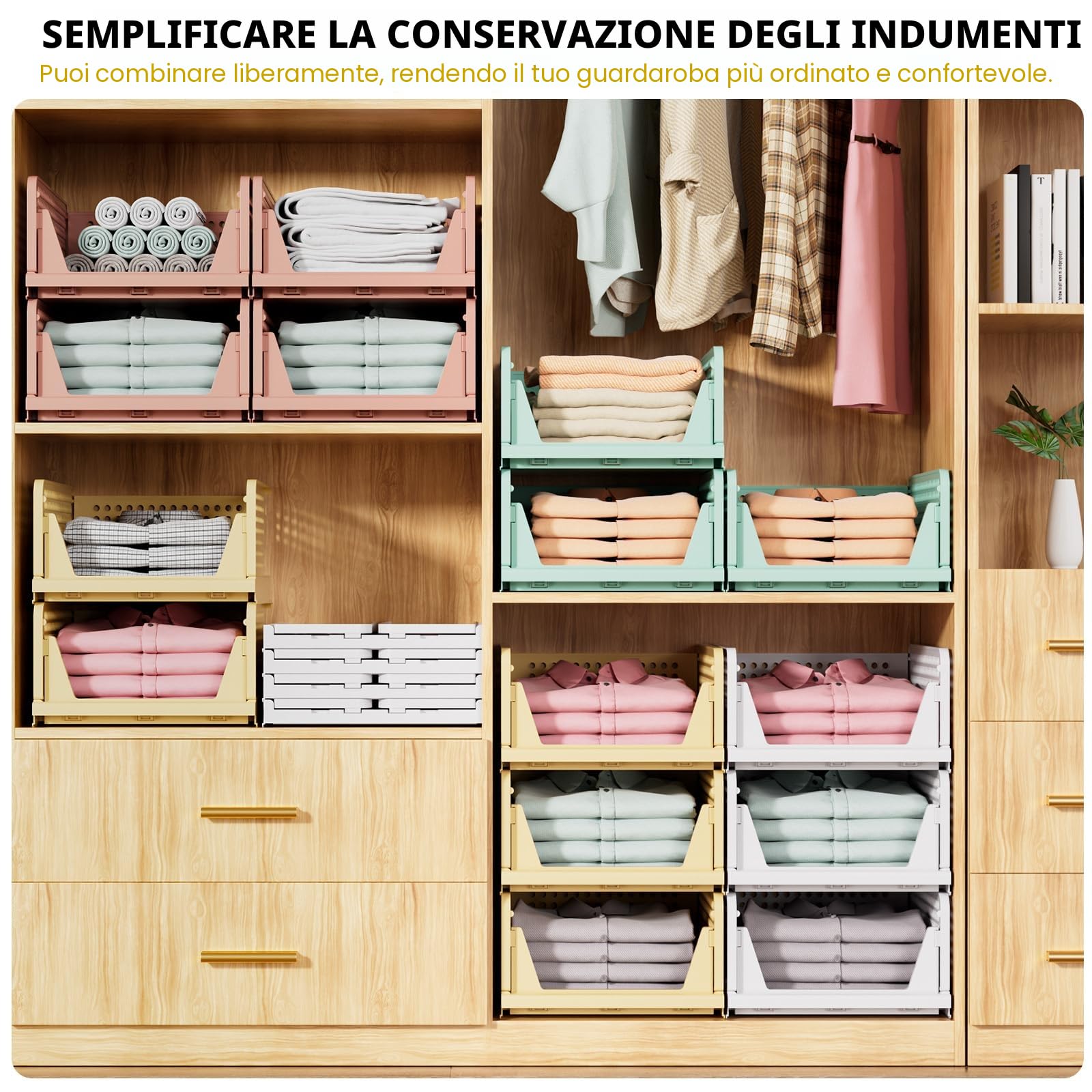 SNSLXH 5 Pezzi Organizer Armadio Contenitori, Impilabili e SalvaspazioScatole per Armadio, Organizer Cassetti per Abbigliamento, Facili da Montare, Resistenti per Casa e Ufficio (Rosa)