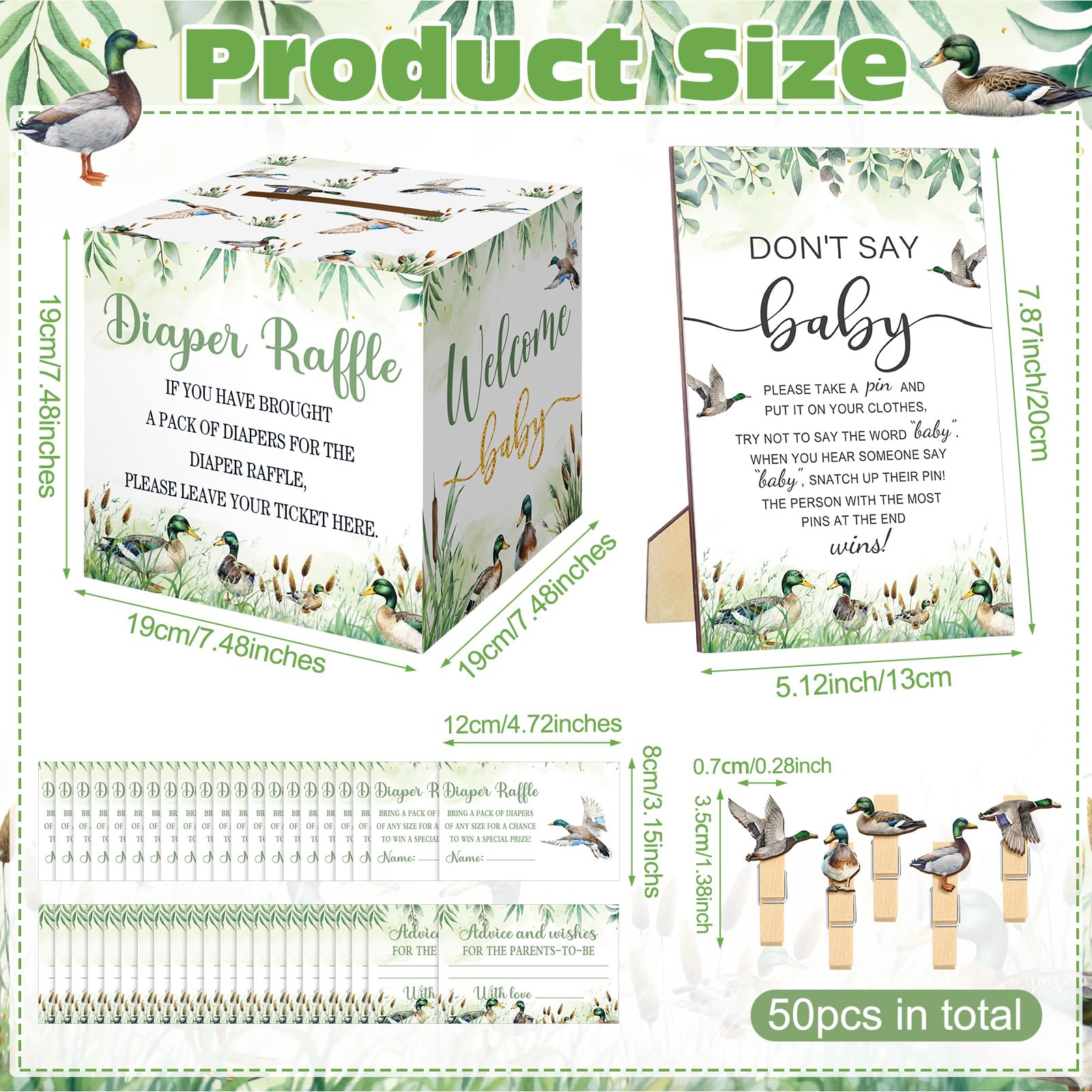 Dispowreath Stockente für Babypartys, Spielzubehör, Windeln, Tombola-Tickets mit Windel, Tombola-Karte, Box "Don't Say Baby", Mini-Stockente, Wäscheklammer, Spieldekoration, für Geschlechtsoffenbarung