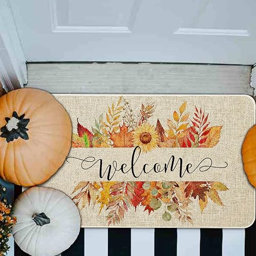 Miniatura 7 de Tapete de puerta de otoño de 30 x 17 pulgadas, tapete de bienvenida con hojas de arce otoñal, tapete de bienvenida para interiores y exteriores,