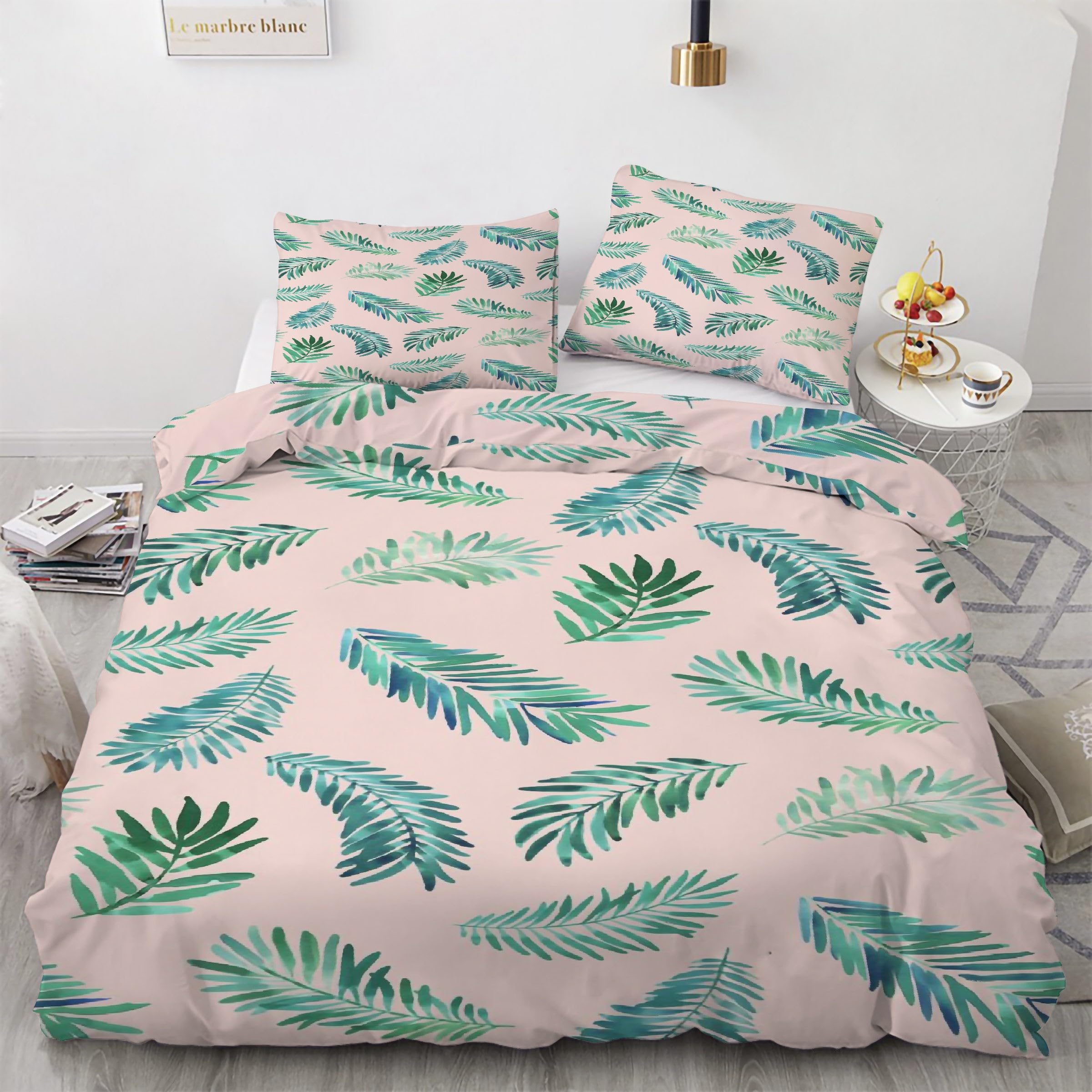 Ensemble de literie 3 pièces motif feuilles de palmier 200x200 pour lit double complet