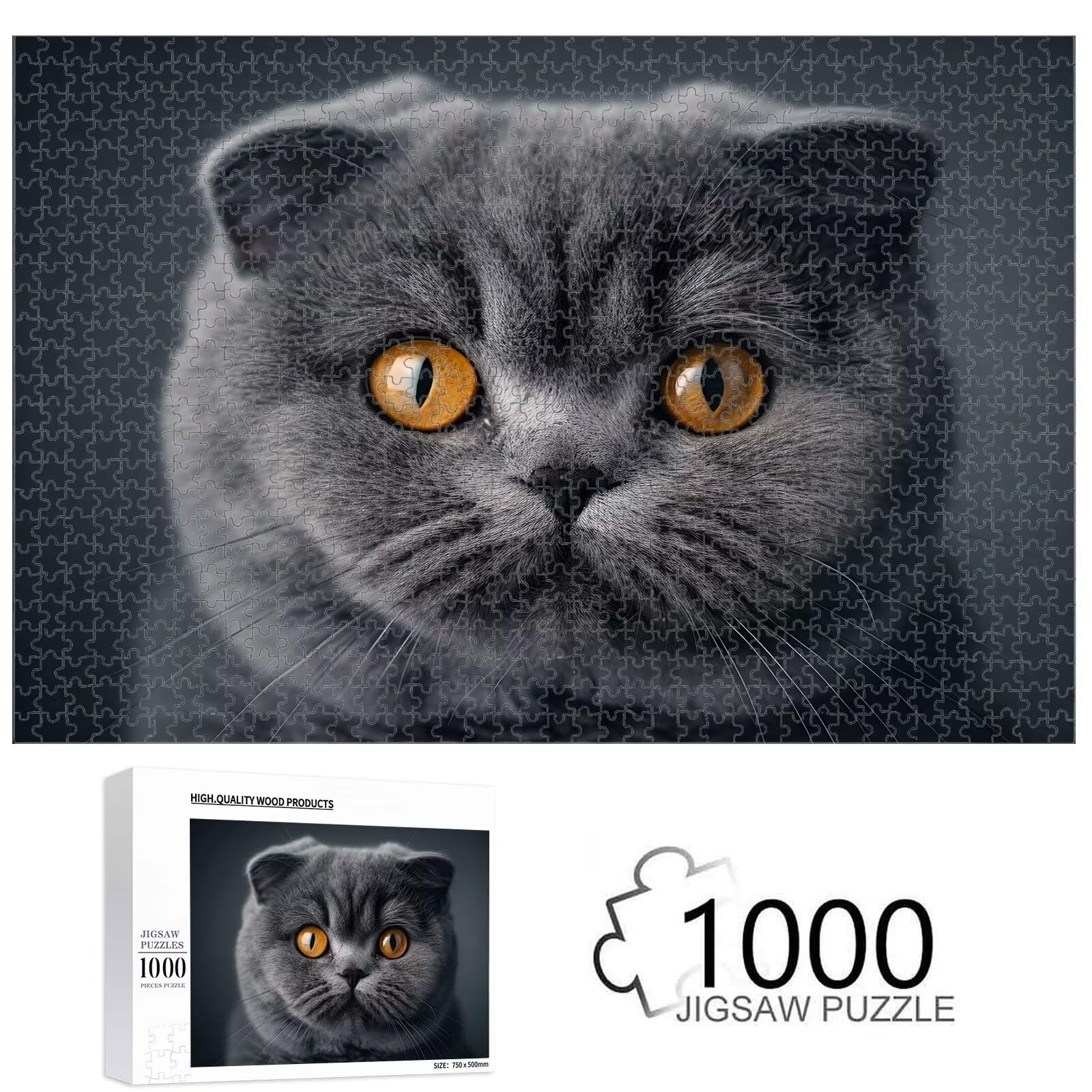 1000 Pièces Puzzle Adulte Chat & Gris Puzzle en Bois Robuste 1T#1138 | Puzzle en Bois, Découpe de Précision, Encres aux Couleurs Vives, Loisir Relaxant, Décoration Intérieure, Cadeau, 50x75cm
