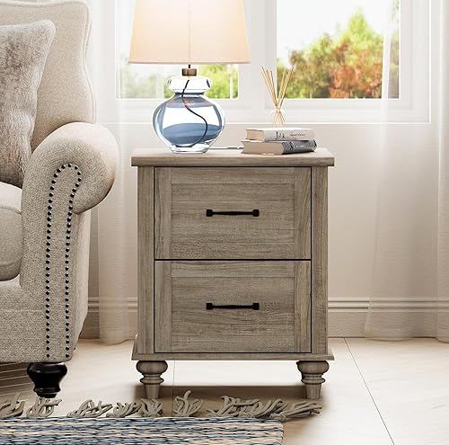 Miniatura 35 de WAMPAT Mesita de noche con estación de carga, mesa auxiliar de granja para sala de estar con 2 cajones, mesita de noche de madera natural para