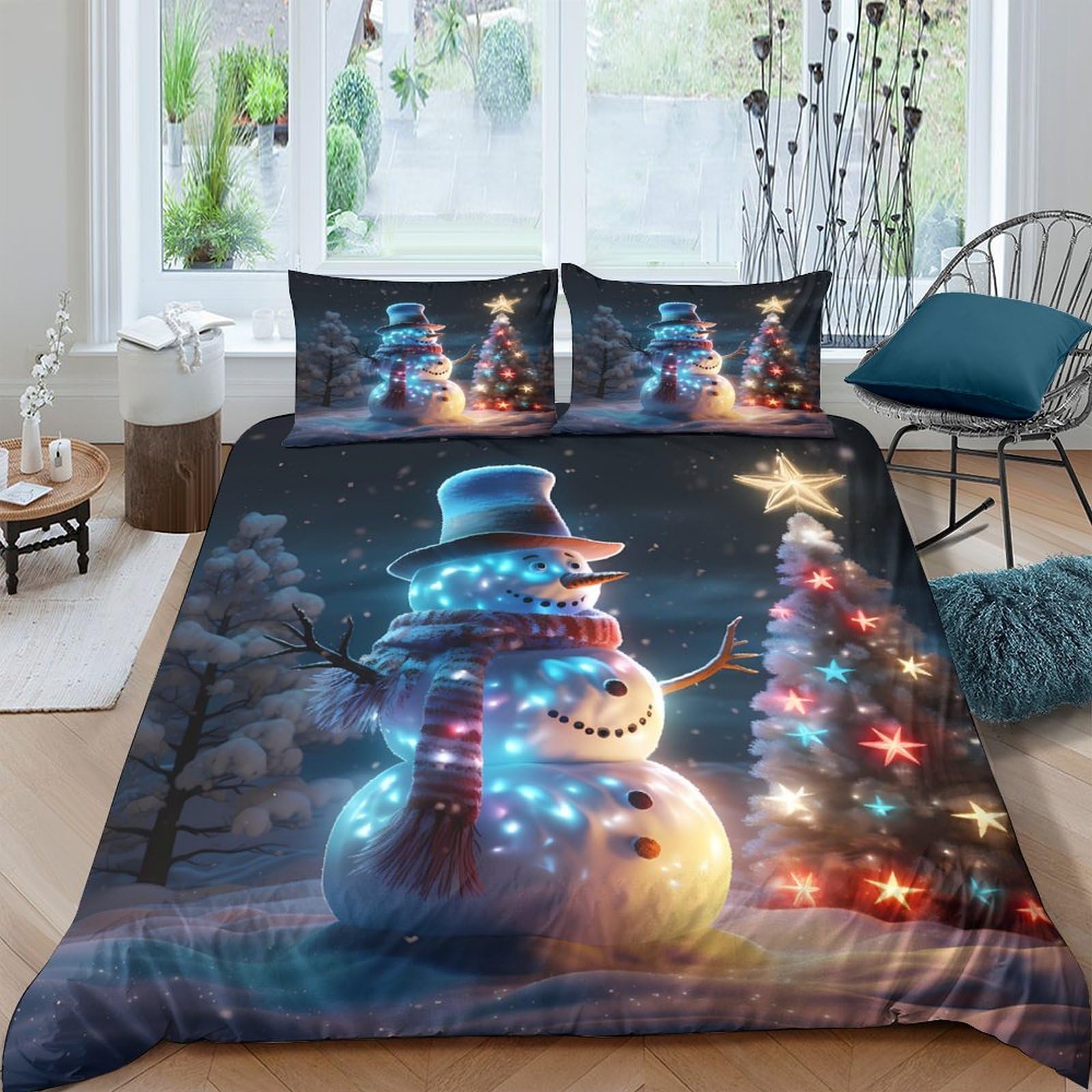 Ctjqhvkz Style-8 3D Printed Snowman Christmas Tree Fitted Sheet Microfiber Soft Bed Cover Winter Bedroom Holiday Decor Single（135X200cm）