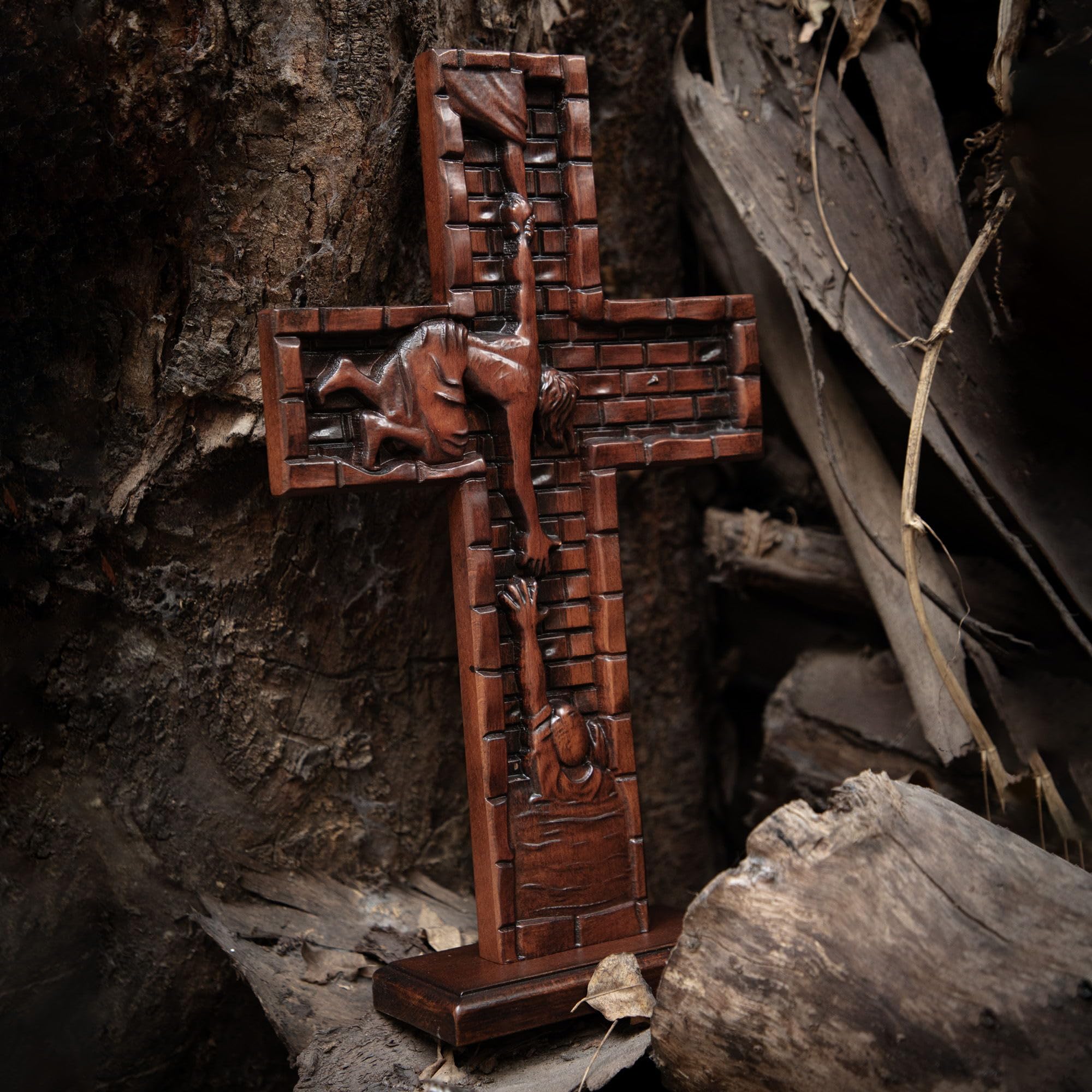 Texphw Wood Cross - Christian Hanging Wall Mantel Decor with Blessed Jesus Design Enrich Your Home Prayer Room or Church with Religious Art Gifts Ideal for Christmas Table Decor and Wall Art, 15in