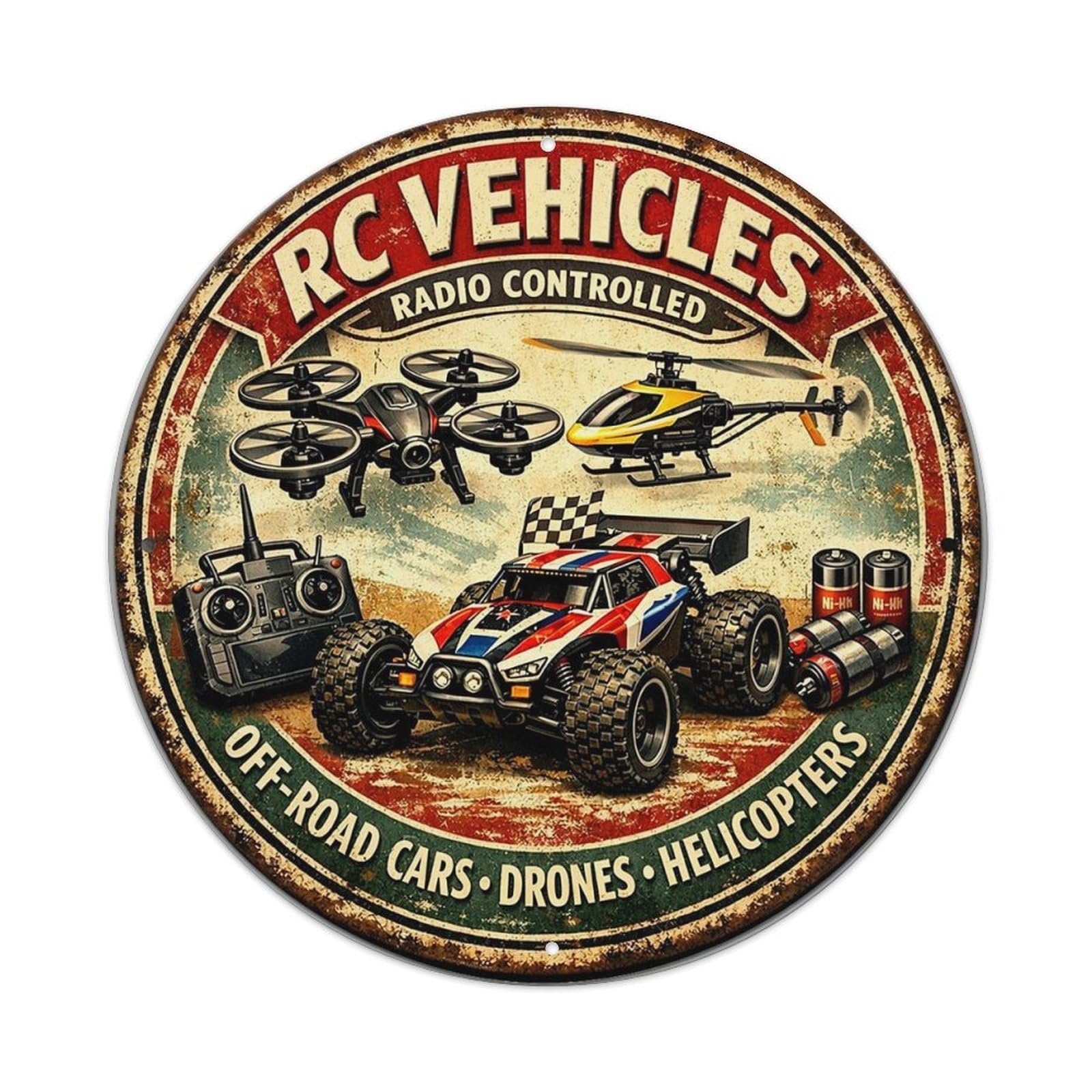 Rc Vehicles Radio Controlled Off Road Cars Drones Helicopters Vintage Round Tin Sign Retro Metal Wall Decor Metal Poster, Home Bar Garage Cafe Wall Art Decoration 8x8Inches