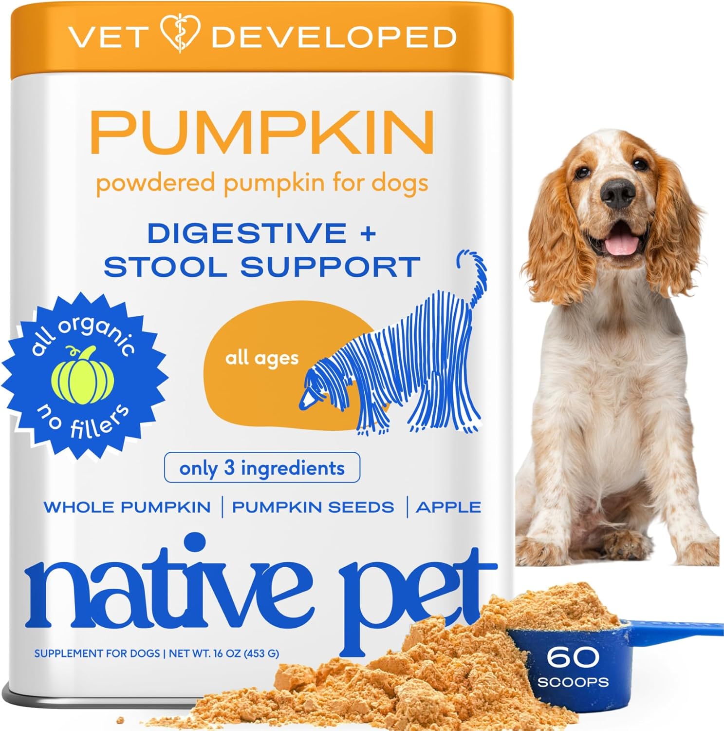 Native Pet Pumpkin for Dogs – Organic Powder Pumpkin Puree Dog Food Toppers -Rich in Fiber Supplement Powder Helps with Digestion, Nutrient Absorption, Diarrhea, Constipation & Upset Stomach-60 Scoops