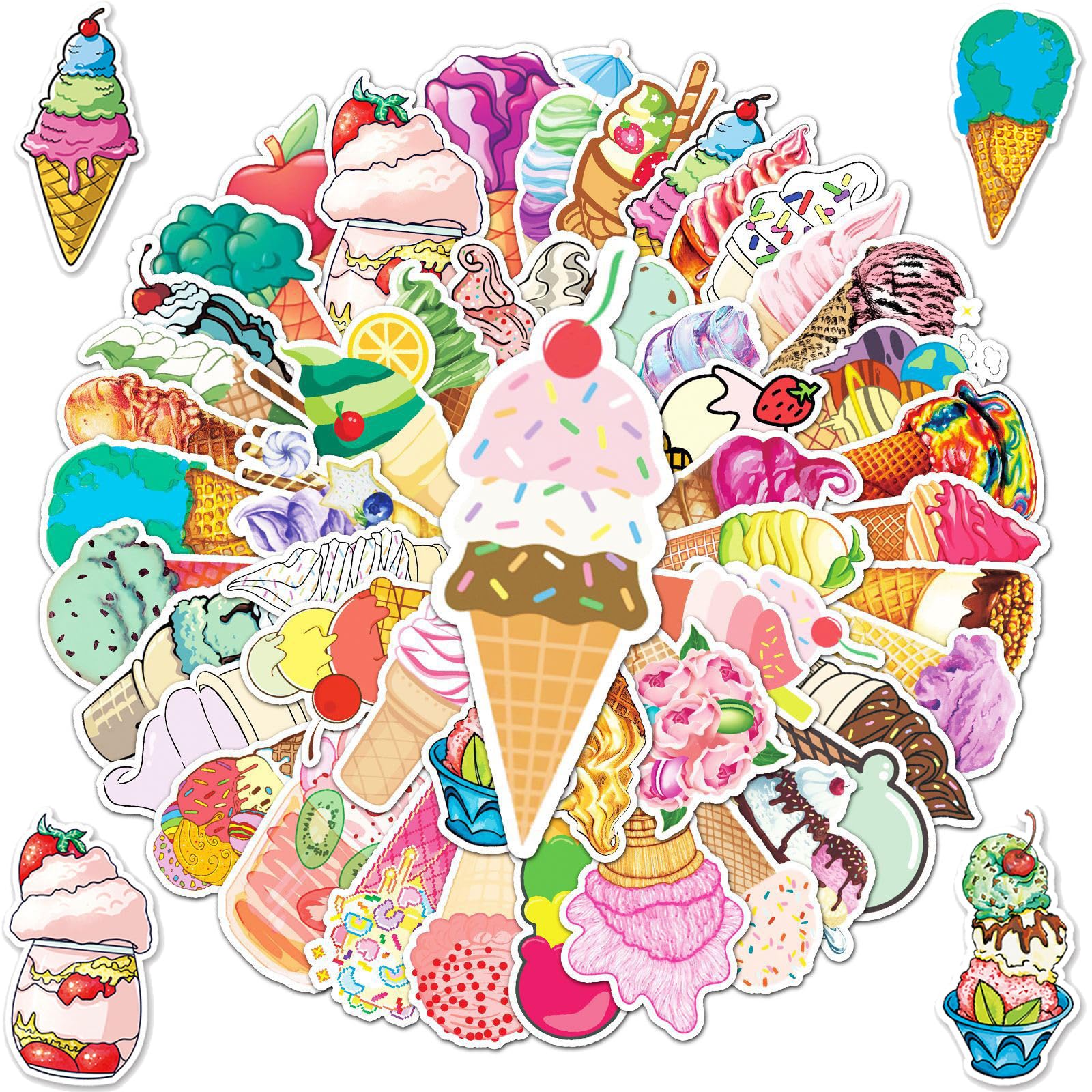 Ice Cream Stickers, 50Pcs Ice Cream Cone Stickers Decals Party Favors Decor Supplies for Adult Teen, Cute Sweet Ice Cream Stickers Bulk for Laptop Water Bottle Refriger Luggage Skateboard