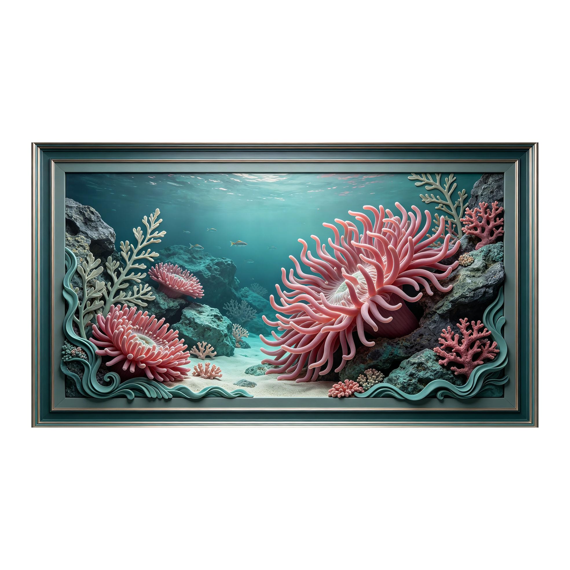 Murasolite 3D Framed Wall Art Ocean Coral Reef Seascape 3D Effect SelfAdhesive Fabric Mural Wall Decor， Peel and Stick No Damage to Wall， AntiFall Safe Design for Bedroom Living Room