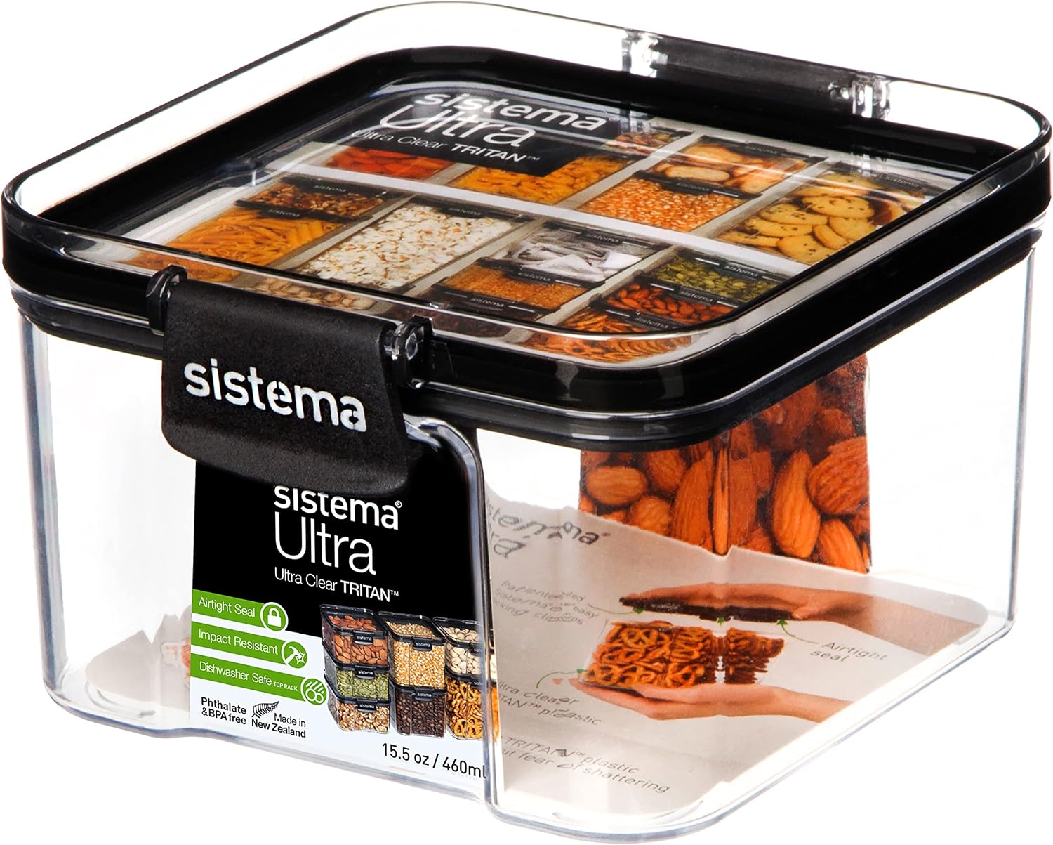 Sistema Tritan Ultra Collection Square Storage Container, 1.9 Cup/15.5 Ounce, Clear with White/Gray