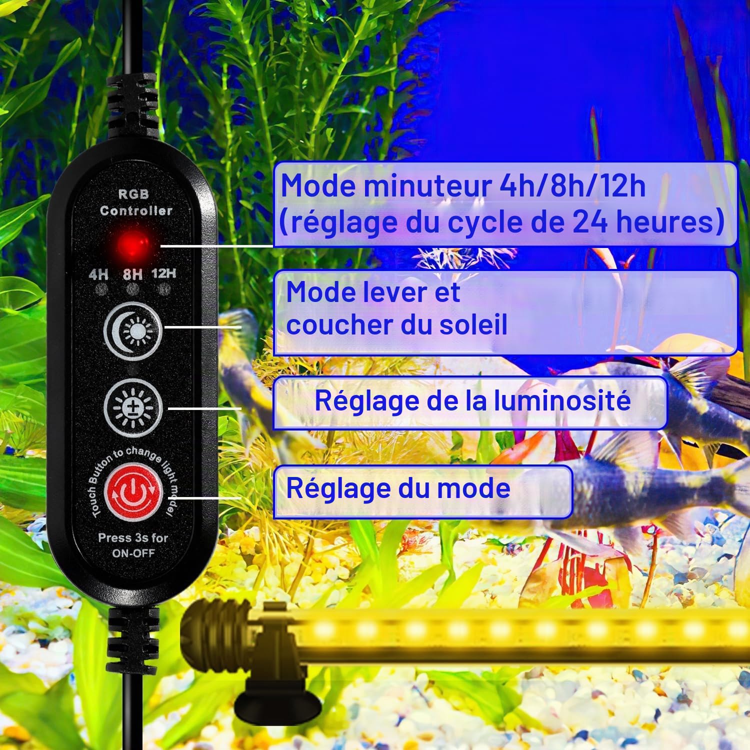 Aquarium Light LED, éclairage pour aquarium LED, 13.2W Aquarium Light RGB, IP67 étanche, Universal Fit Aquarium Lamp, pour réservoir à poissons, aquarium de plantes, EU Plug