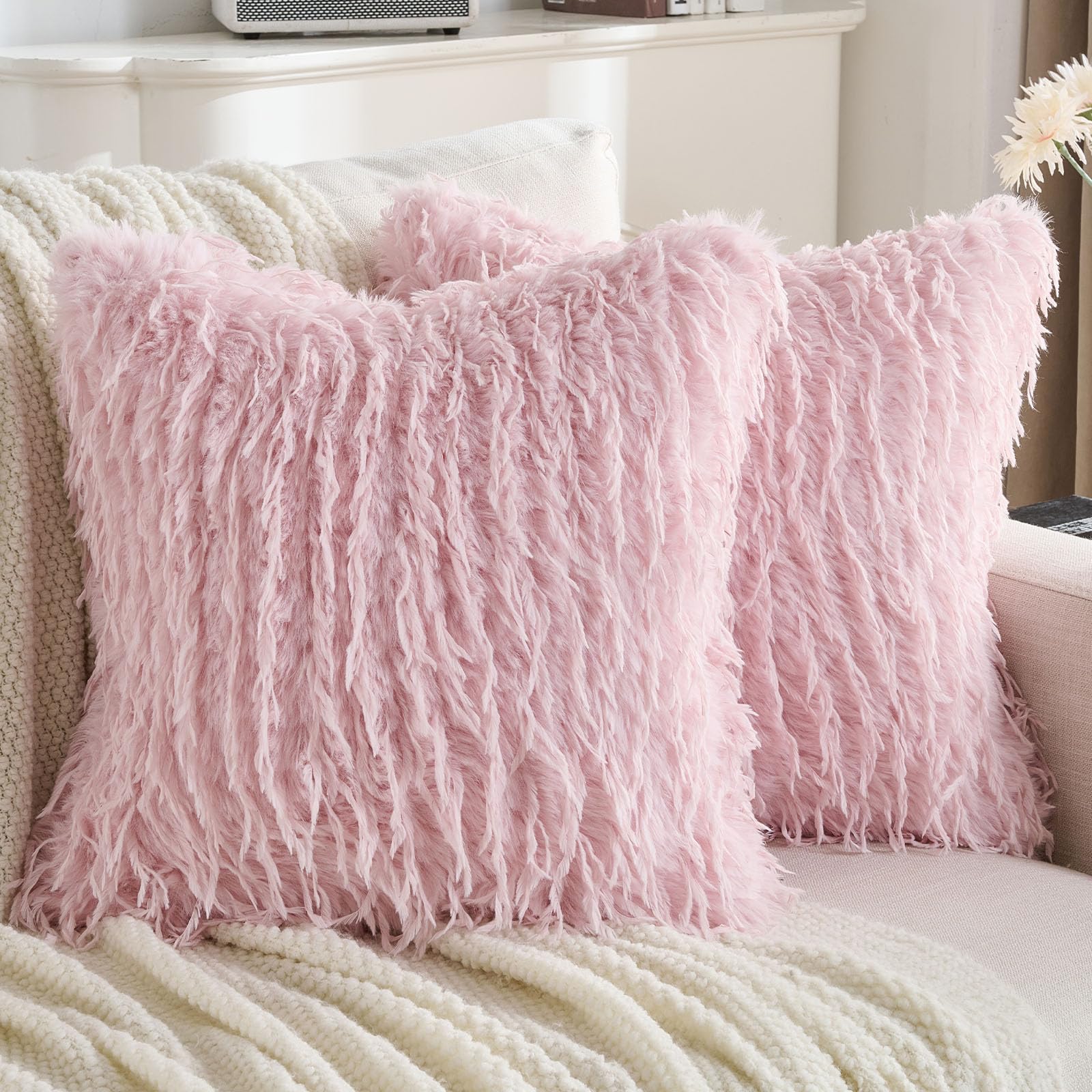Housse coussin 40x40 lot de 2 fausse fourrure rose pour décoration salon