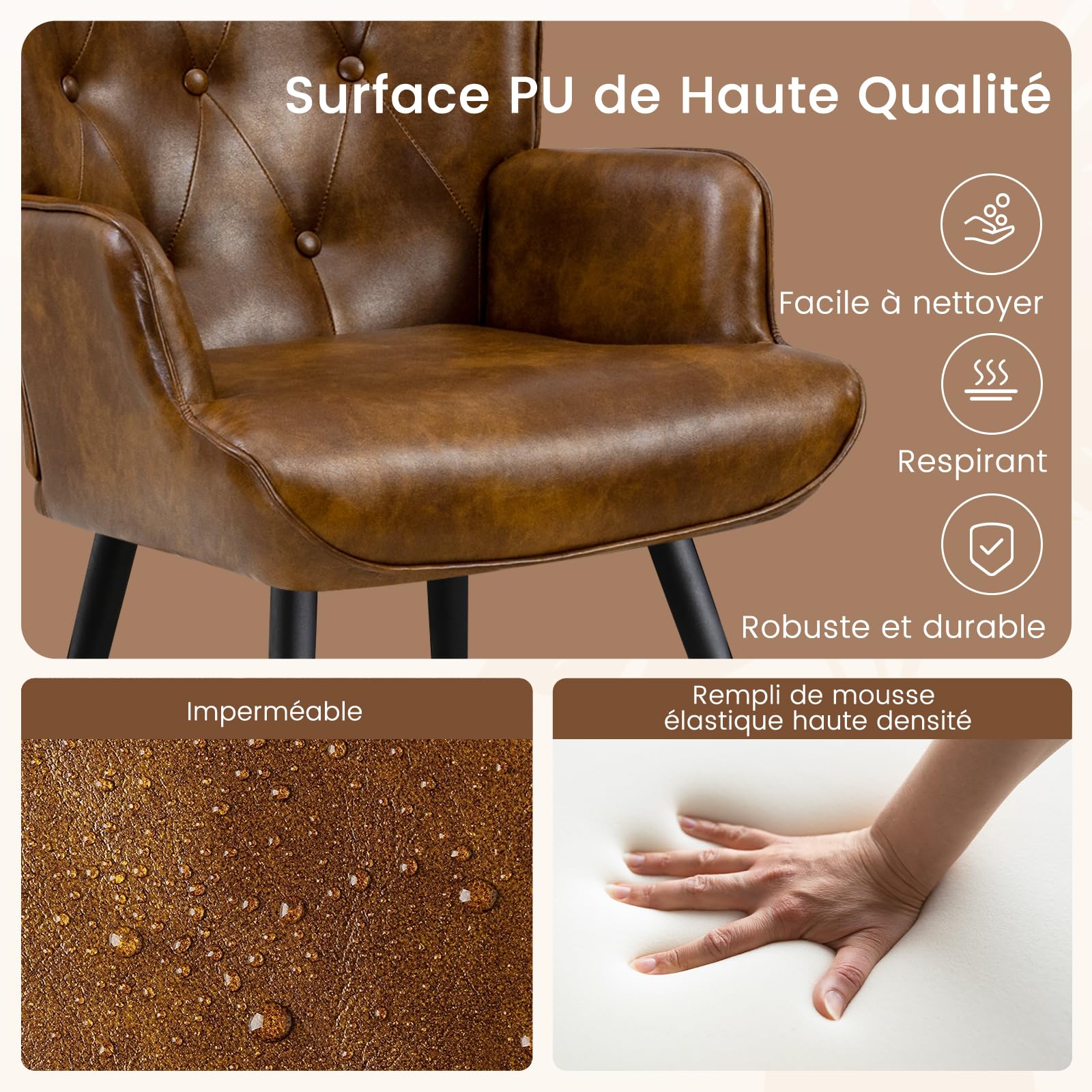 Fauteuil Salon Relax, Fauteuil Scandinave Moelleux en Similicuir Chaise Bouclette avec Accoudoirs & Dossier Ergonomique pour Salle à Manger, Salon, Chambre, Siege Bureau, Allaitement, Brun