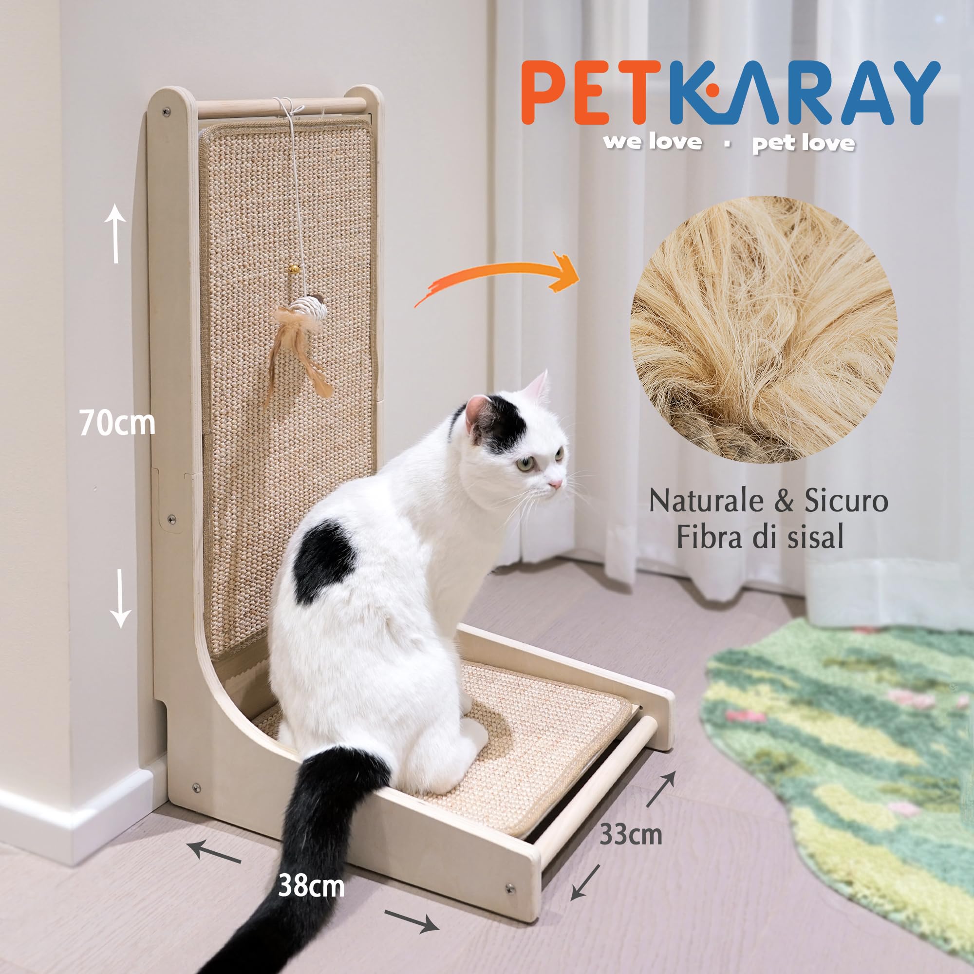 PETKARAY Tiragraffi per Gatti, Rampa in Sisal a Forma di L per Interni, Base da Pavimento con Gioco a Forma di Topo ed Erba Gatta