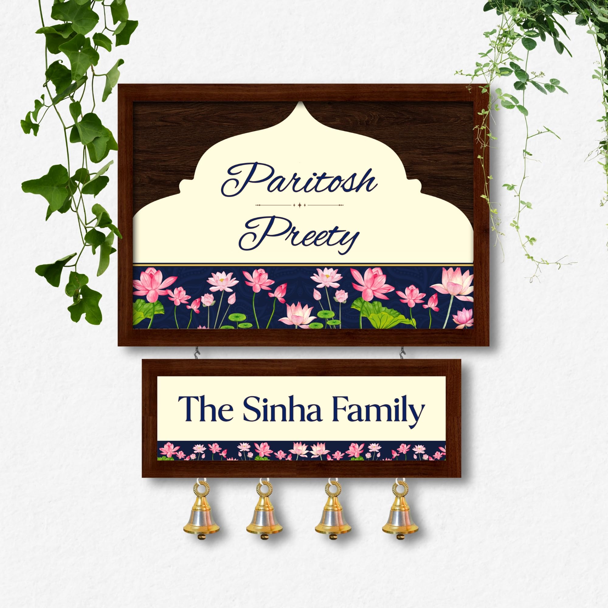 Customised Name Plate for Home Entrance | Wooden Door Name Plate with Brass colour Bell & Matte Finish for Home and Office Decor | Personalized with Name & Apartment Number | 2 Layer 10x14 inch | Housewarming Gift-image-20