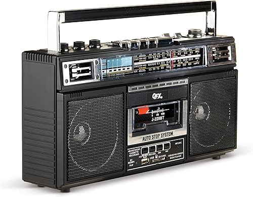 Miniatura 8 de QFX J-220BT Boombox MP3 Conversión de radio a casete con radio de 4 bandas (AM, FM, SW1, SW2) con Bluetooth, batería recargable, altavoces duales de