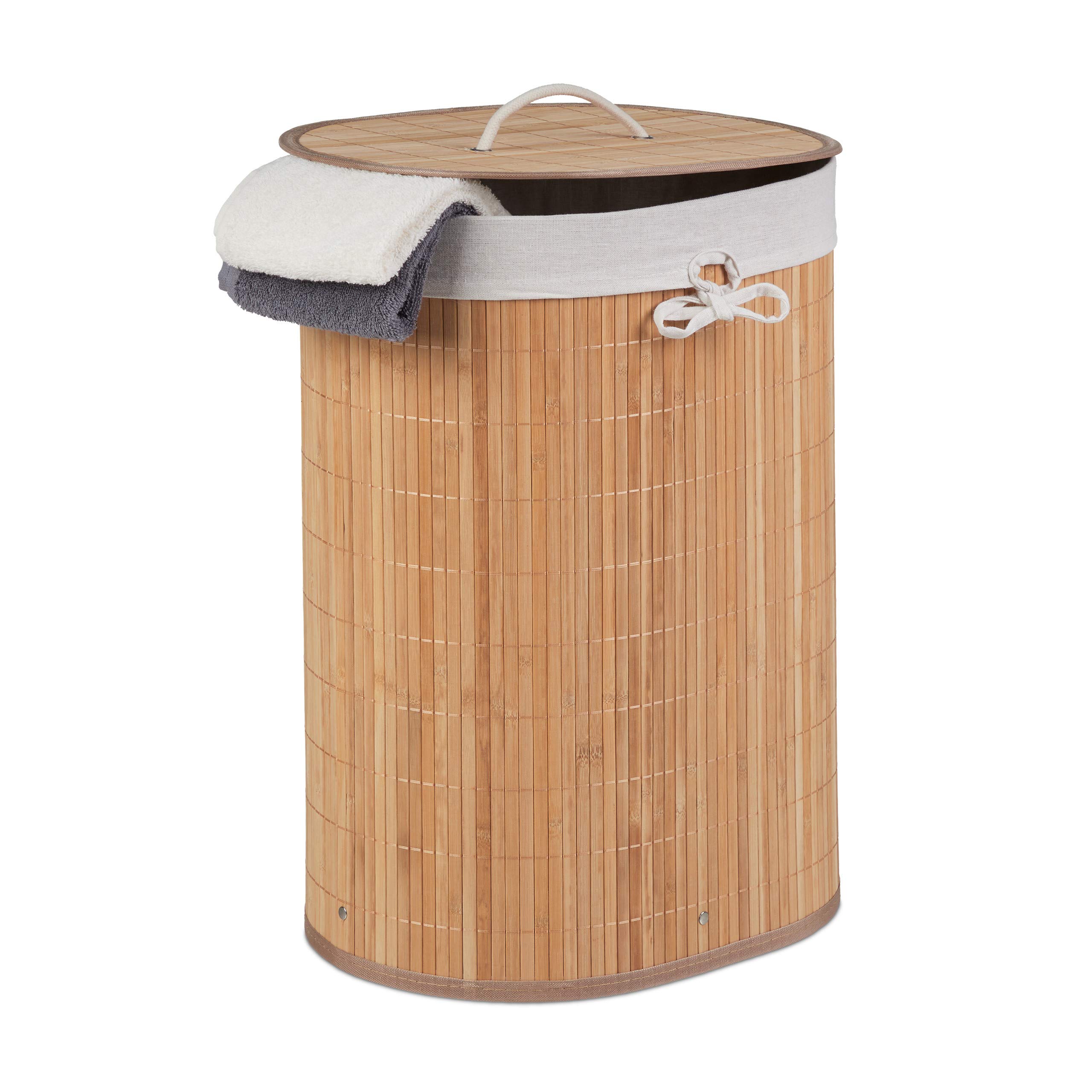 Relaxdays Cesto Portabiancheria in bambù, Ovale, 46 l, Pieghevole, Cesta con Coperchio, Bagno 55x42x32 cm, Naturale