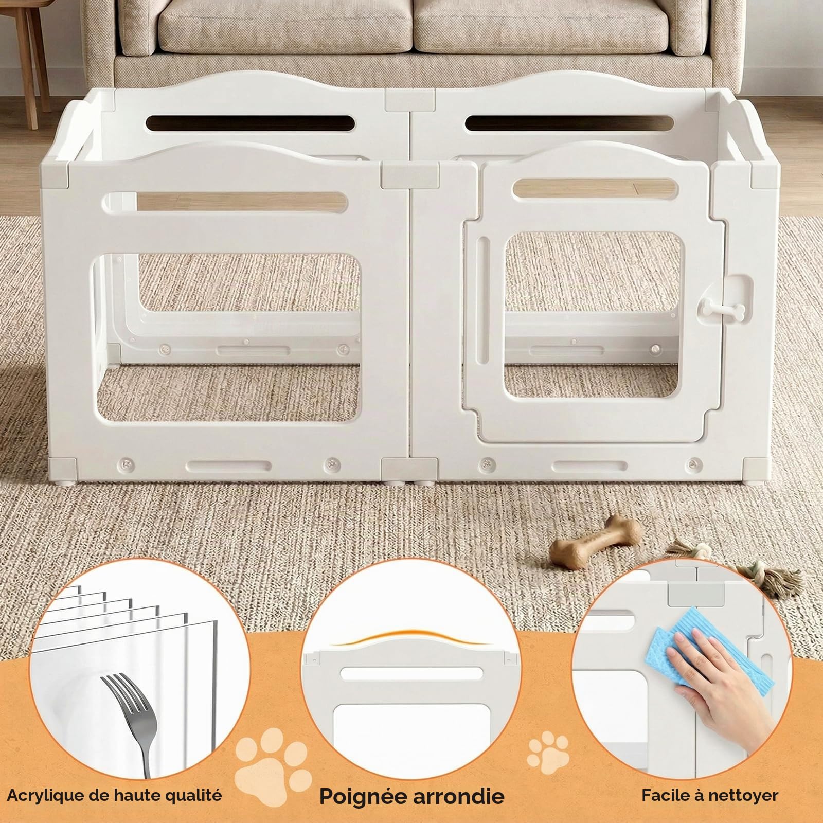 MAMIZO Parc pour Chiot en Acrylique 129 × 68× 60 cm, Enclos pour Chien | 6 PCS Parc Chien Interieur avec Ventouses, Panneaux Caisse Mise Bas pour Chiots avec Porte Verrouillable, Blanc
