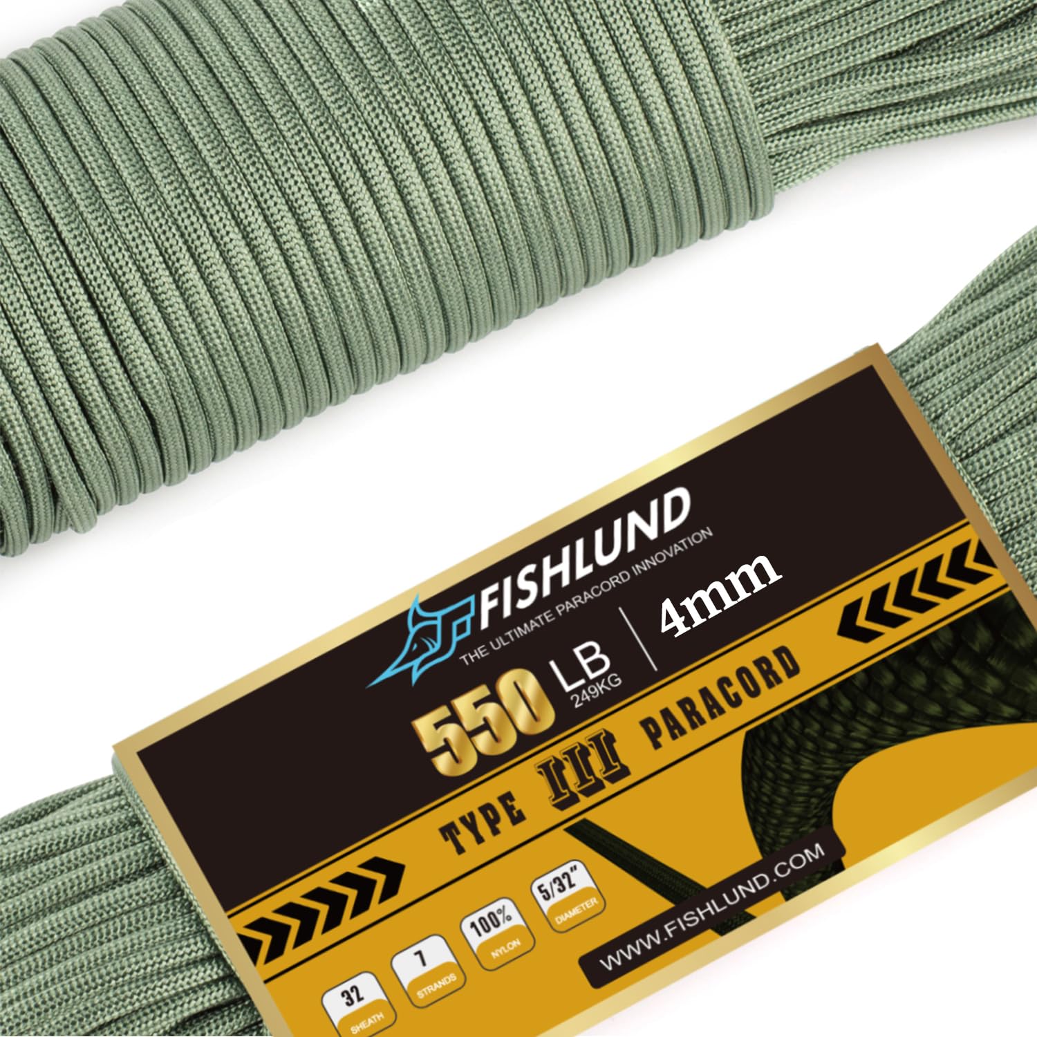 FISHLUND Paracord 550 lb, 7 Strand Paracord Rope 250ft 4mm, Nylon Parachute Cord for Camping, Olive Green