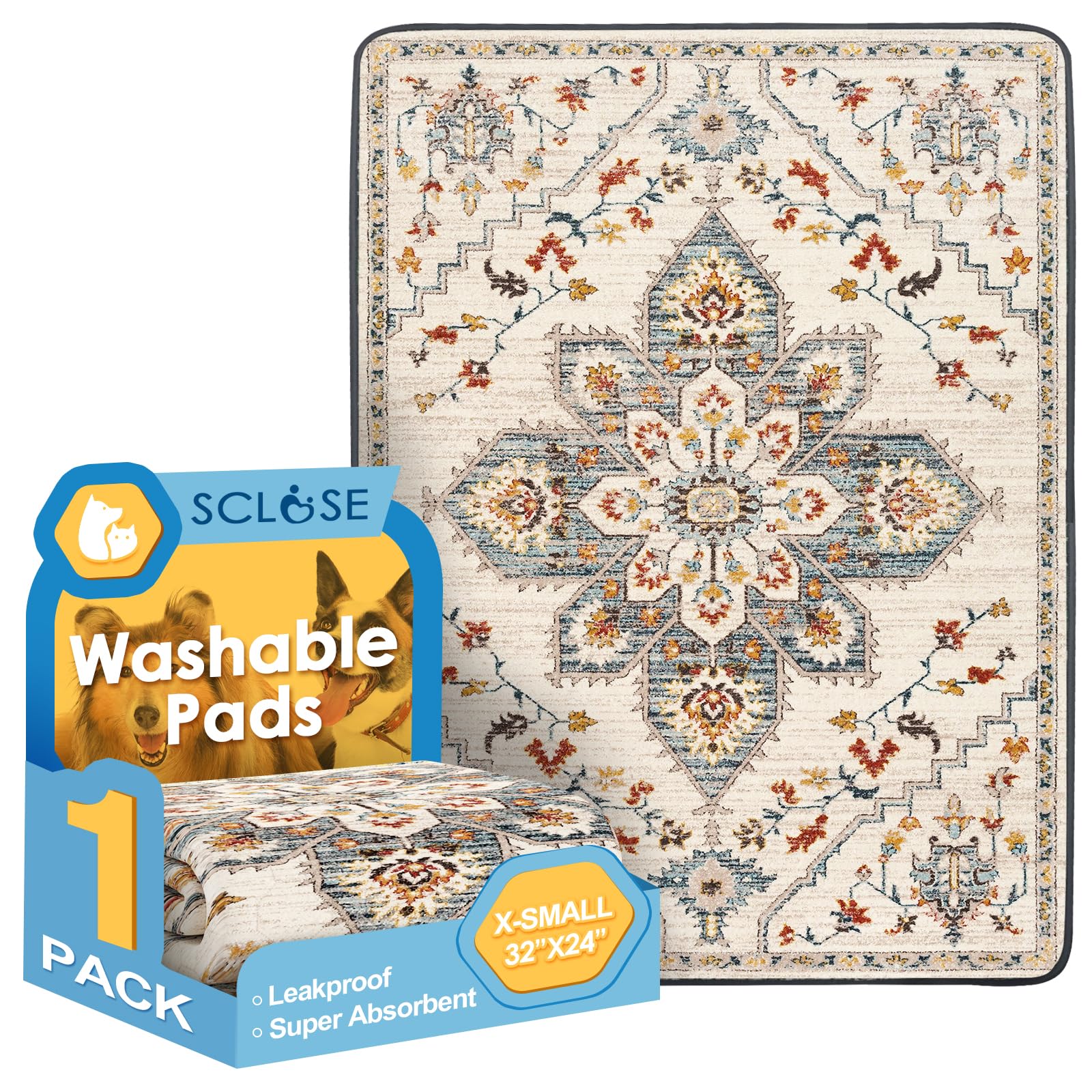 SCLOSE Washable Pee Pad for Dogs, 32" x 24" Reusable Puppy Pads Waterproof Dog Rugs, Super Absorbent, Leakproof, Dog Crate Pad, Playpen Mat, Whelping Pads, White Medallion