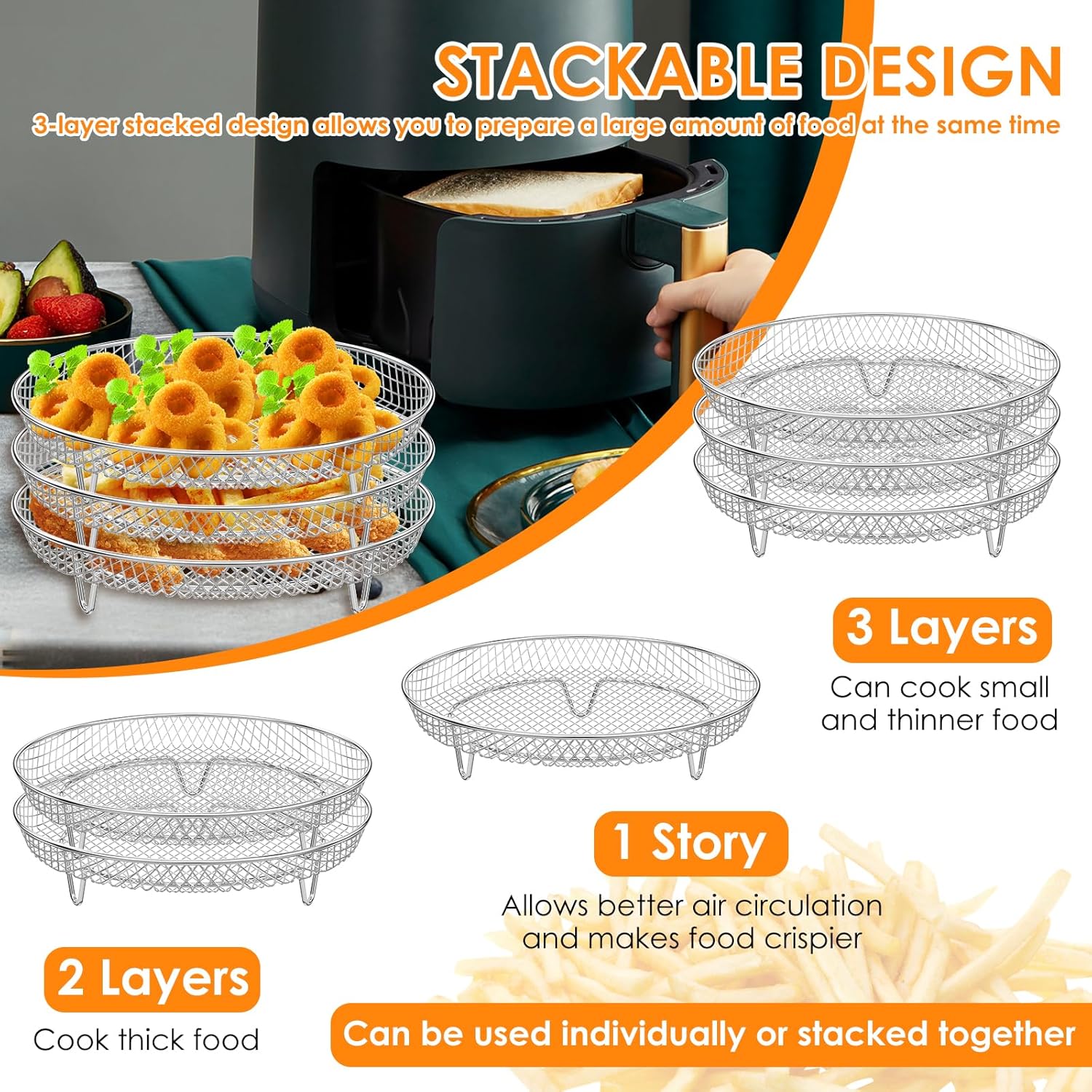 Air Fryer Racks Accessories for Dual Air Fryer, 7.8 Inch Round 3-Layer Stackable Dehydrator Racks Stainless Steel Air Fryer Basket Rack Air Fryer Accessories Fit for 4QT 6 QT Air Fryer