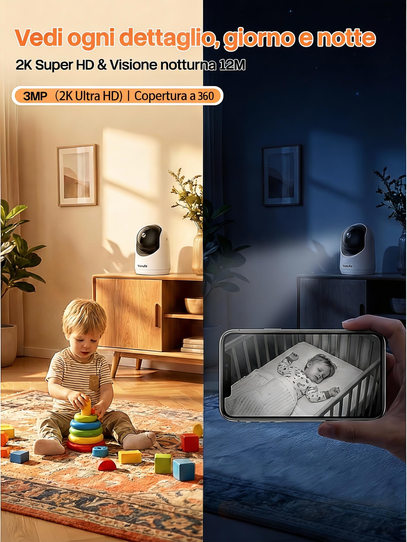 Tenda Telecamera Wi-Fi Interno 2K, WiFi 6 360° per Bambini/Animali, 3MP Visione Notturna, Rilevamento Umano AI, Audio Bidirezionale, No Abbonamento Obbligatorio, CP3