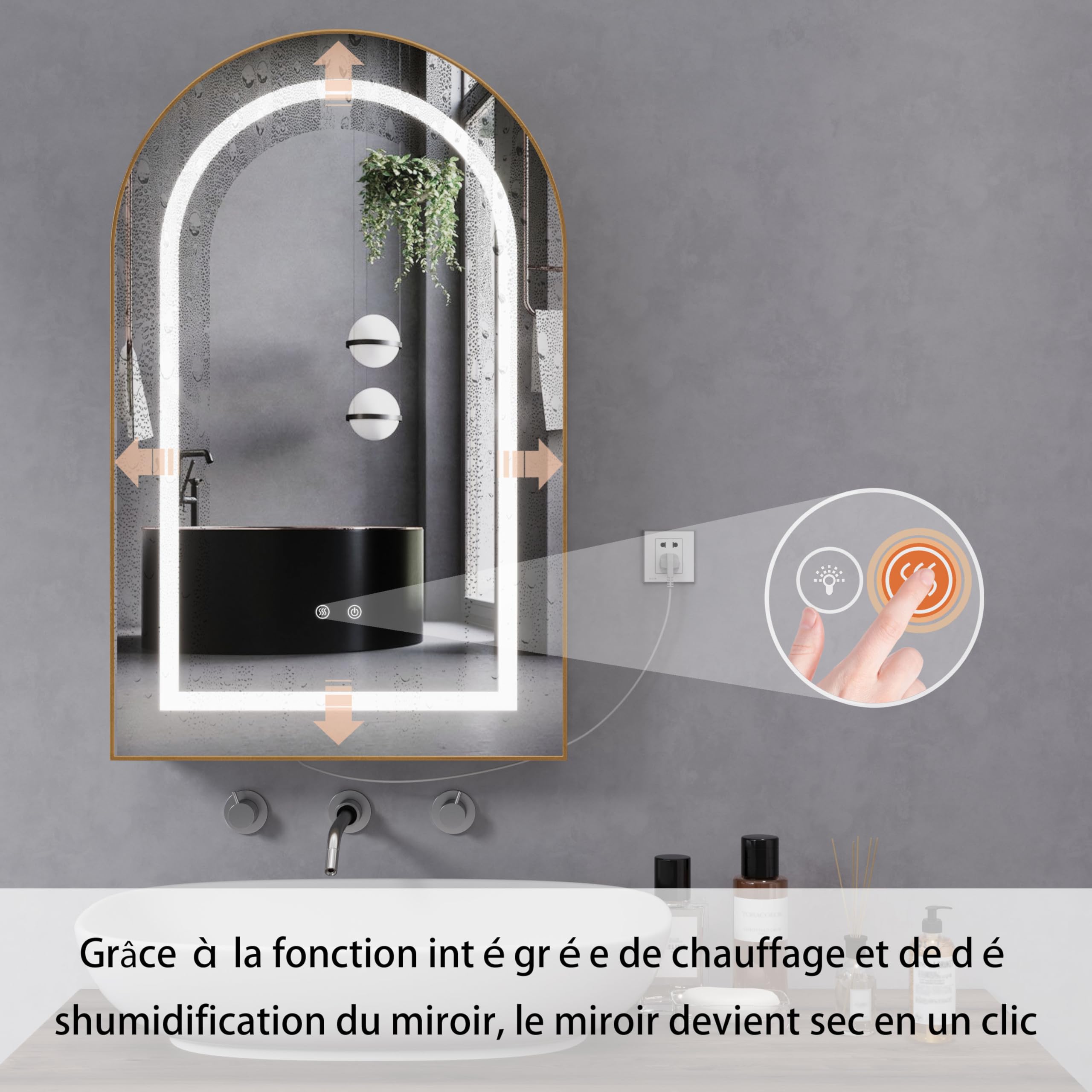 Armoire Salle de Bain avec Miroir Éclairage LED Murale Armoire Miroir avec Prise (2*AC+3*USB) et Fonction Antibuée Arqué Armoire de Toilette avec 3 Étagère 60x90x15 cm Doré et Beige