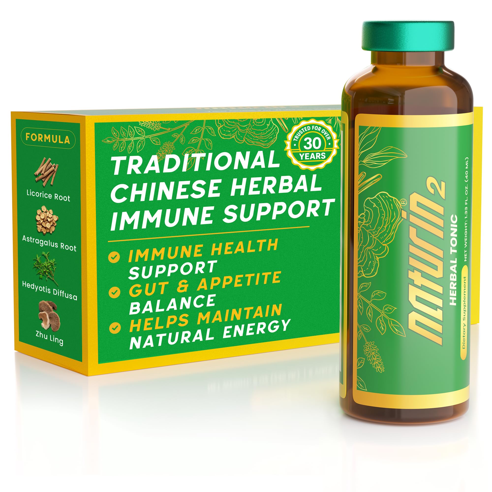 Herbal Immune Support & Adaptogen Drink - 12 Vials (40ml) | 30 Years of Herbal Wellness for Vitality, Energy & Digestive Health - Licorice Root, Astragalus, Hedyotis, Reishi Mushroom Extract