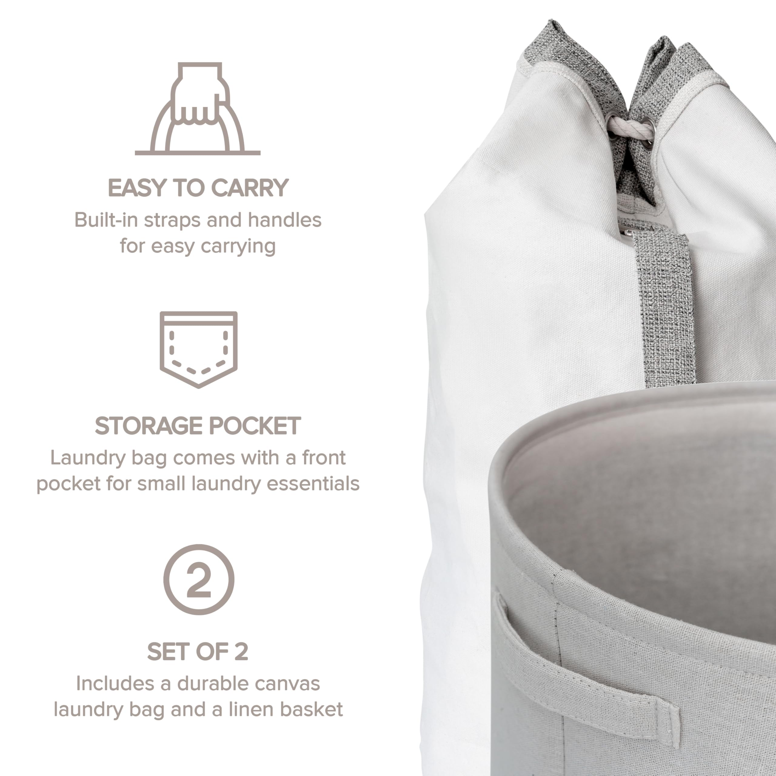 2-teiliges Wäschesack und Wäschekorb-Set mit leicht zu tragenden Griffen, robuster Canvas-Tasche und EVA-Korb, Natur und Creme mit hellgrauen und weißen Akzenten