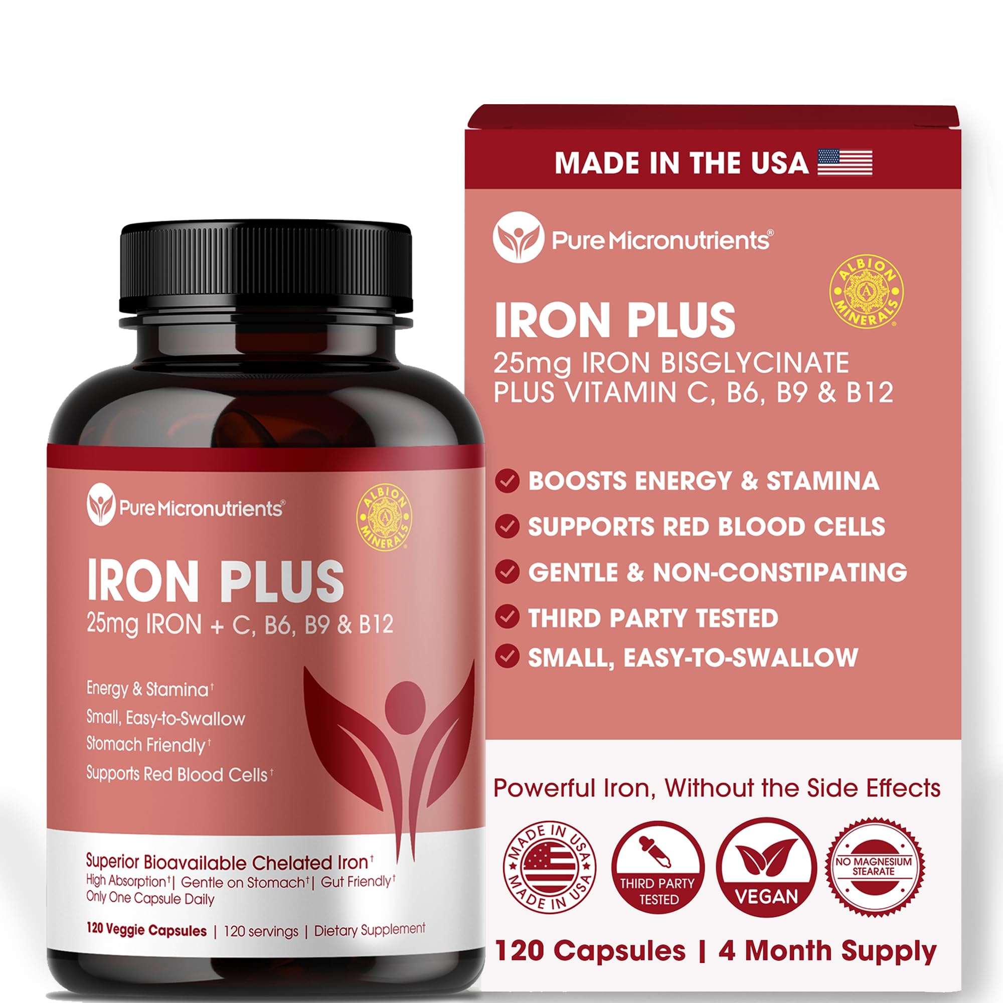 Iron Supplement for Women - Gentle Chelate Iron Bisglycinate 25mg with Vitamin C, B6, B12 Folic Acid – Supports Iron Deficiency, Menstrual Health & Energy - 120 Count