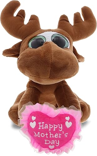 DolliBu Feliz Día de la Madre - Peluche súper suave y brillante de alce con ojo grande, lindo animal de peluche con mensaje de corazón rosa para la