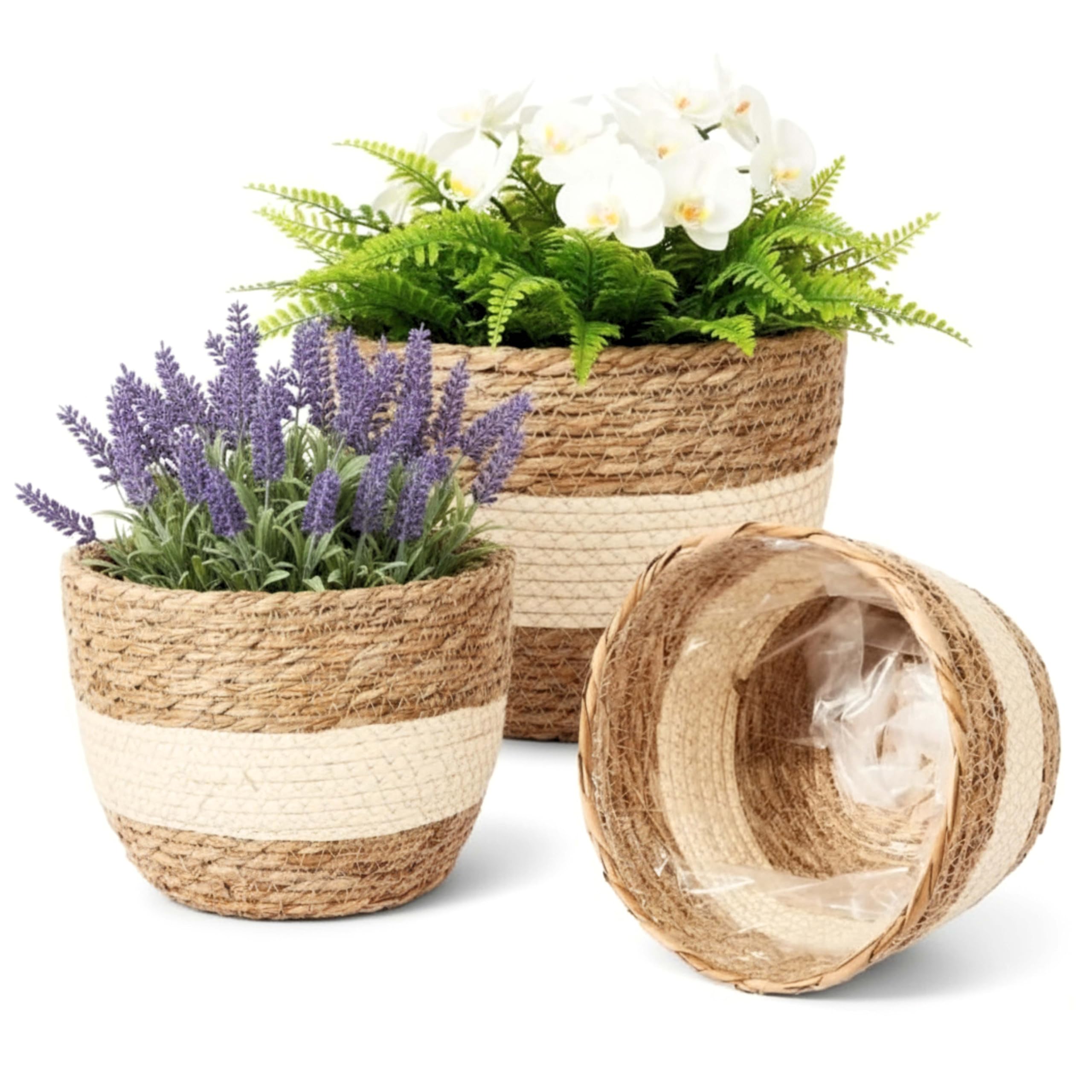 ALAYSTAR 3pcs Wicker Plant Basket with Liner – 3 Sizes Seagrass Woven Natural Planter Baskets for Indoor Outdoor Plants, Flowers & Home Decoration
