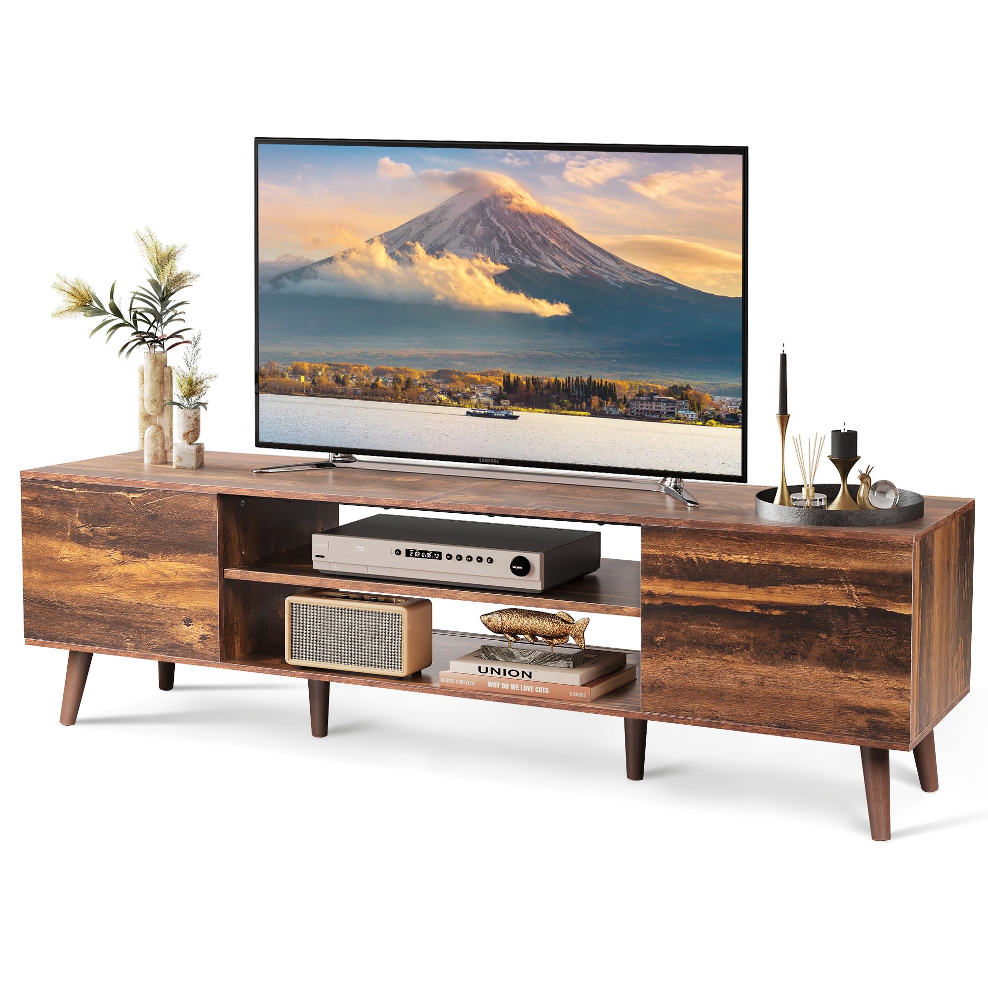 WLIVE TV Schrank 160 cm Lang, Lowboard Holz für Fernseher 60 65 70 Zoll, Fernsehtisch mit 2 Türen, Industrie-Design, TV Cabinet, Vintagebraun-schwarz