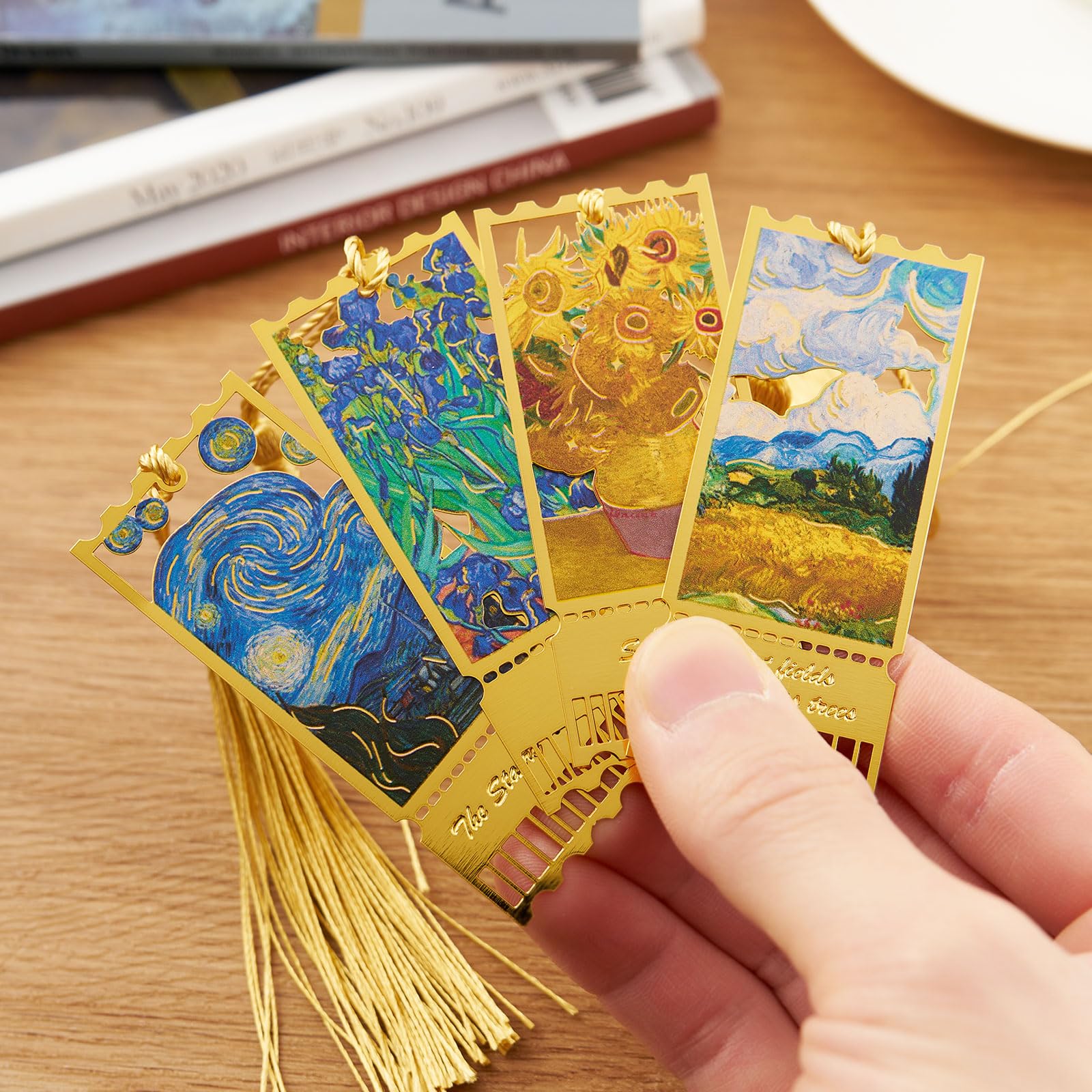 ZOUIQSS Metal Bookmarks with Tassel Golden Hollow Bookmark Van Gogh Oil Painting Theme Book Mark Bookmarks for Book Lovers Writers Readers Men Women,4 Pieces,Style1 - Image 4