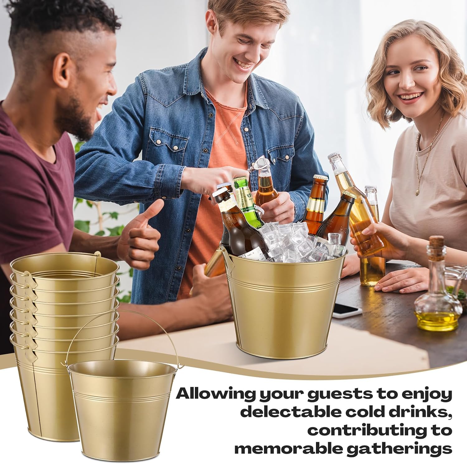 Didaey 24 Pcs Metal Beer Bucket Bulk Ice Bucket Ice Pails with Handle Champagne Soda Party Beverage Chiller for Summer Picnic Pool Wedding Party Supplies Wine Champagne Bar (7.1 x 6.5 x 5.1",Gold)