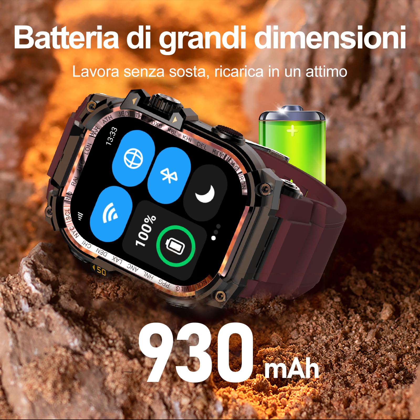 Smart Watch militare da uomo (memorizzazione musicale), orologio intelligente da 2 pollici per Android e iOS, fitness tracker con torcia/auricolari TWS collegabili/monitoraggio della (Nero)