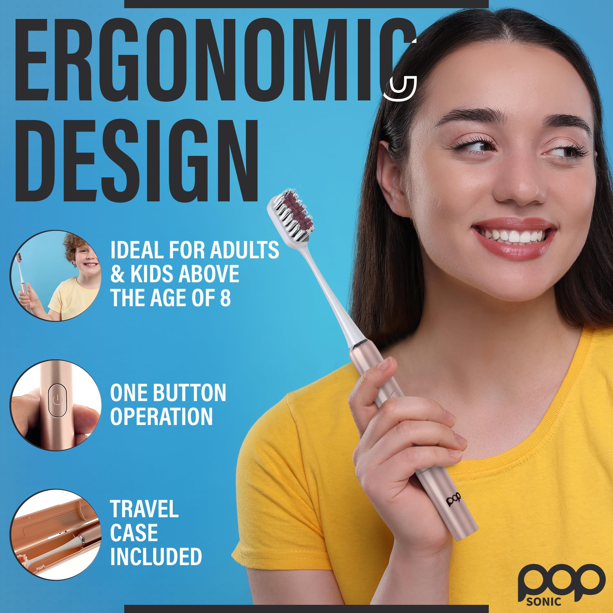 Pop Sonic Go Plus - Spazzolino da denti elettrico da viaggio (oro rosa) con 2 velocità, 18000-24000 vibrazioni al minuto, set Traveltoobrush definitivo, 8+ colori tra cui scegliere